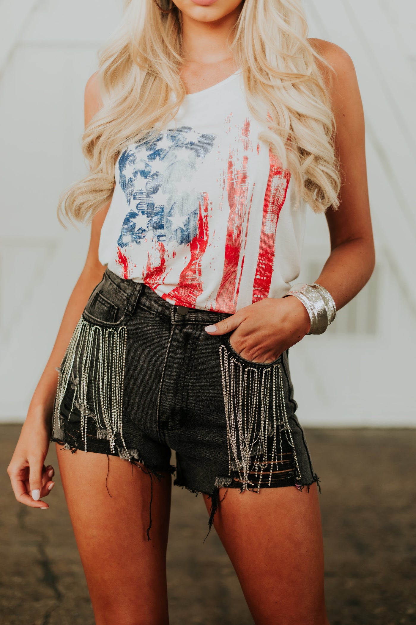 Washed Black Rhinestone Fringe Distressed Shorts