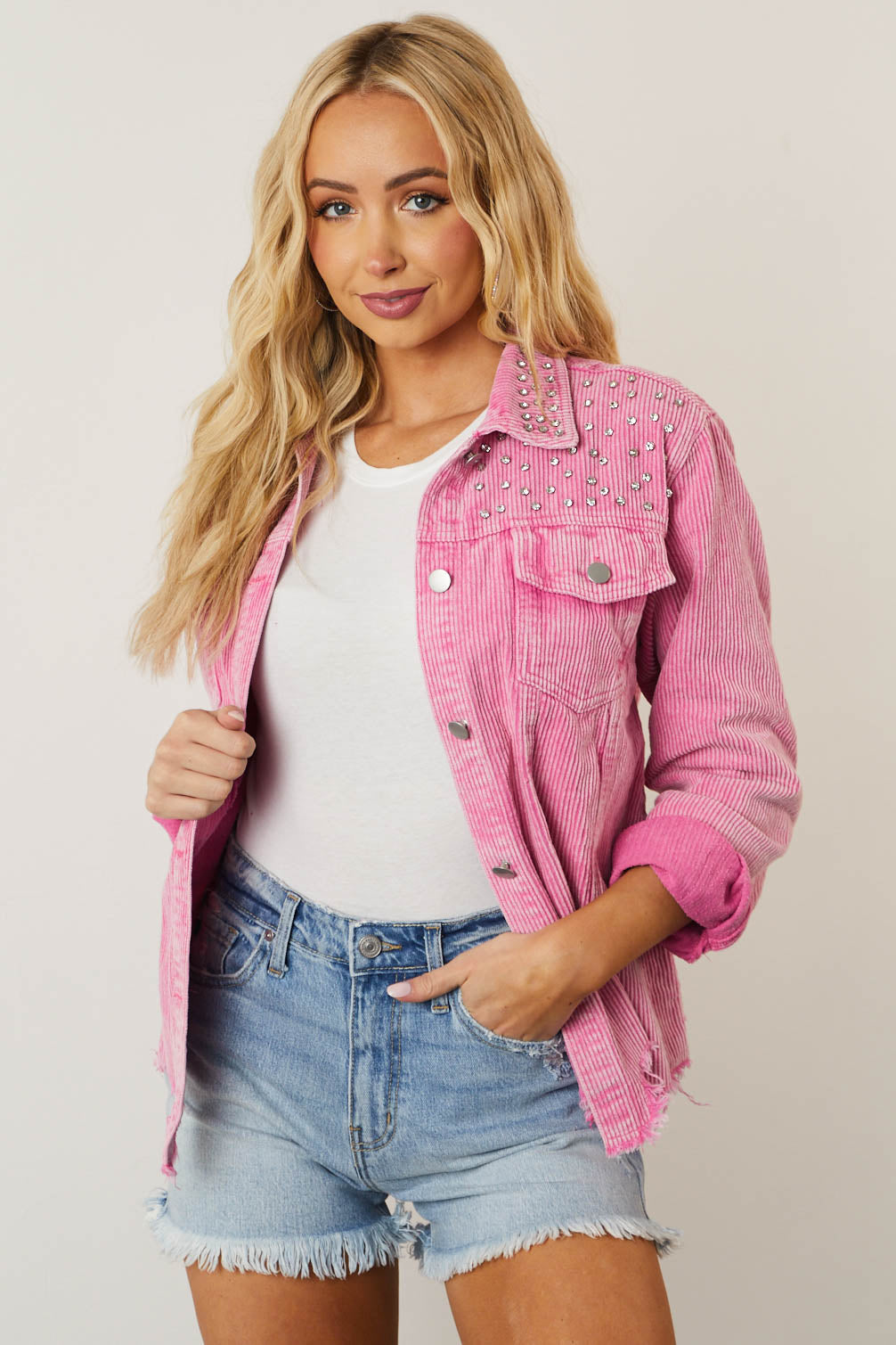 Washed Bubblegum Rhinestone Stud Corduroy Shacket