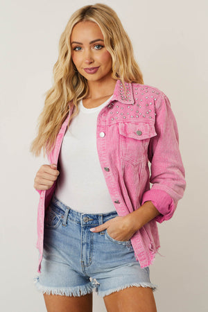 Washed Bubblegum Rhinestone Stud Corduroy Shacket