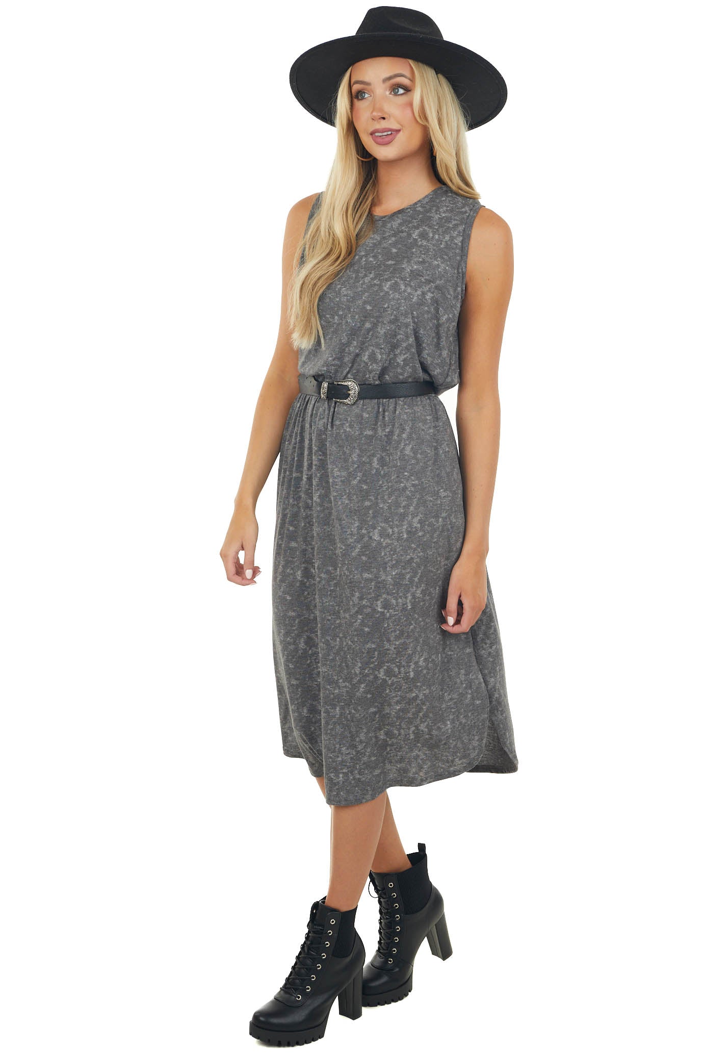 Washed Charcoal Sleeveless Blouson Midi Dress