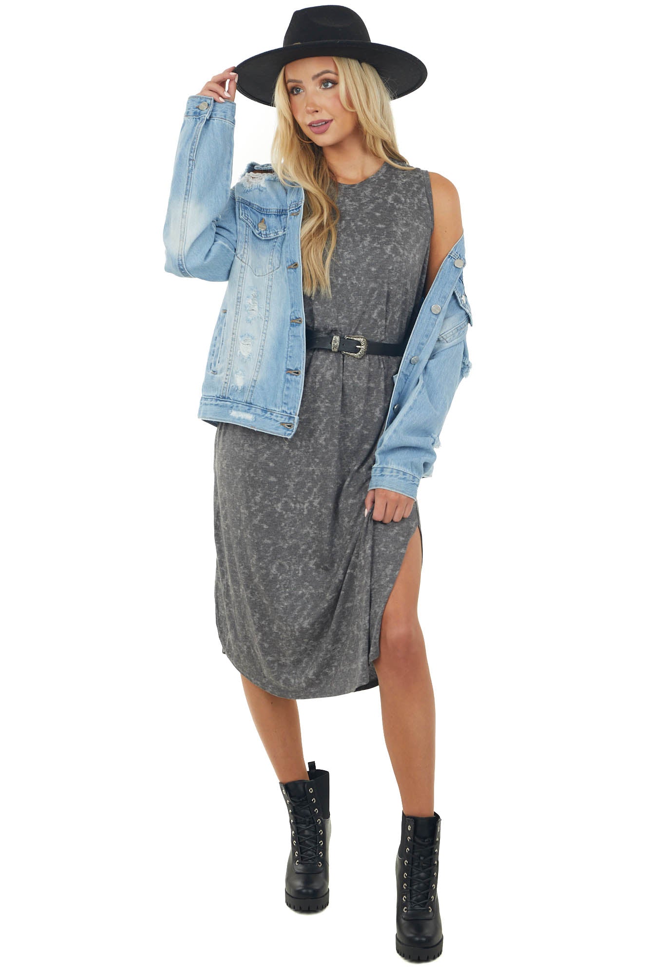 Washed Charcoal Sleeveless Blouson Midi Dress