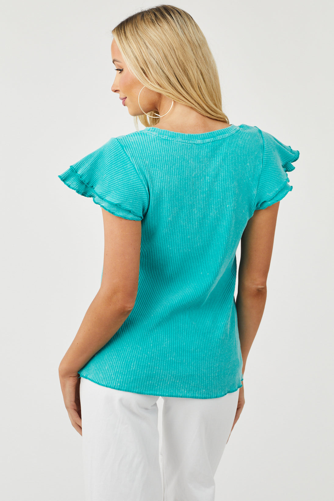Washed Jade Layered Ruffle Sleeve Ribbed Top