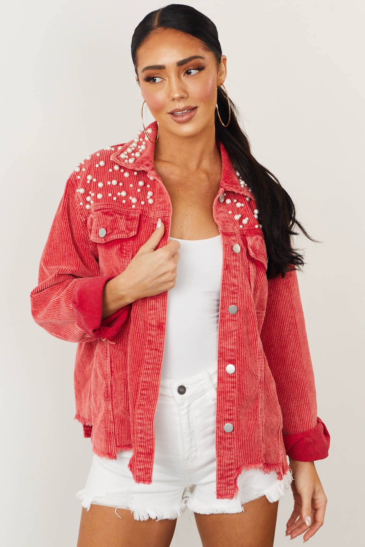 Washed Ruby Red Pearl Detail Corduroy Shacket