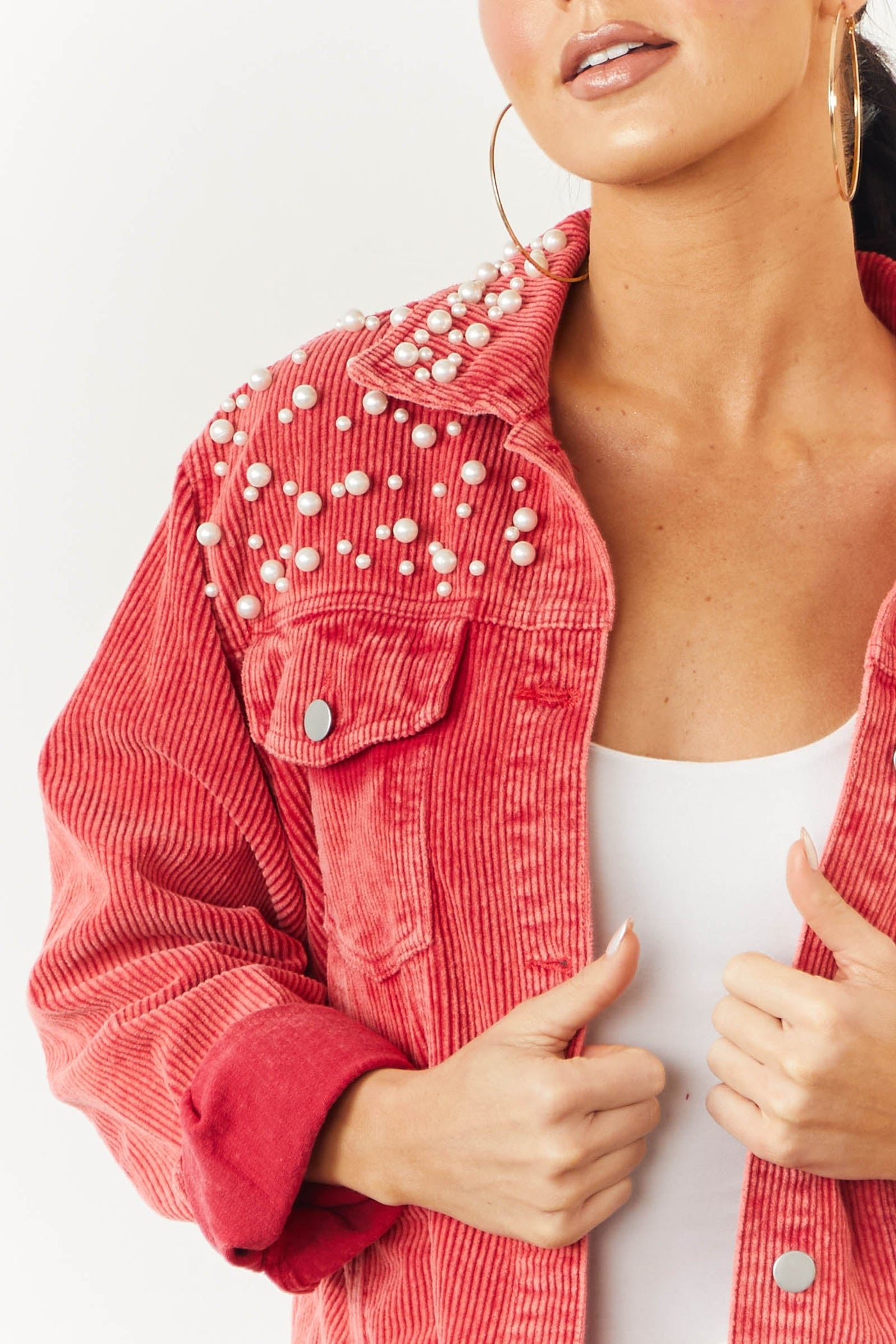 Washed Ruby Red Pearl Detail Corduroy Shacket