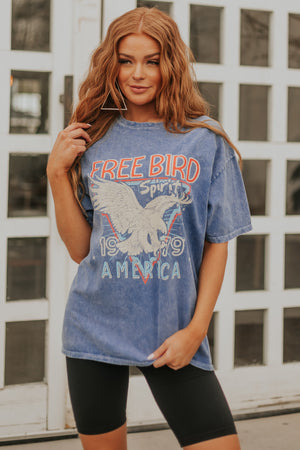Washed Steel Blue 'Free Bird' Eagle Graphic Tee