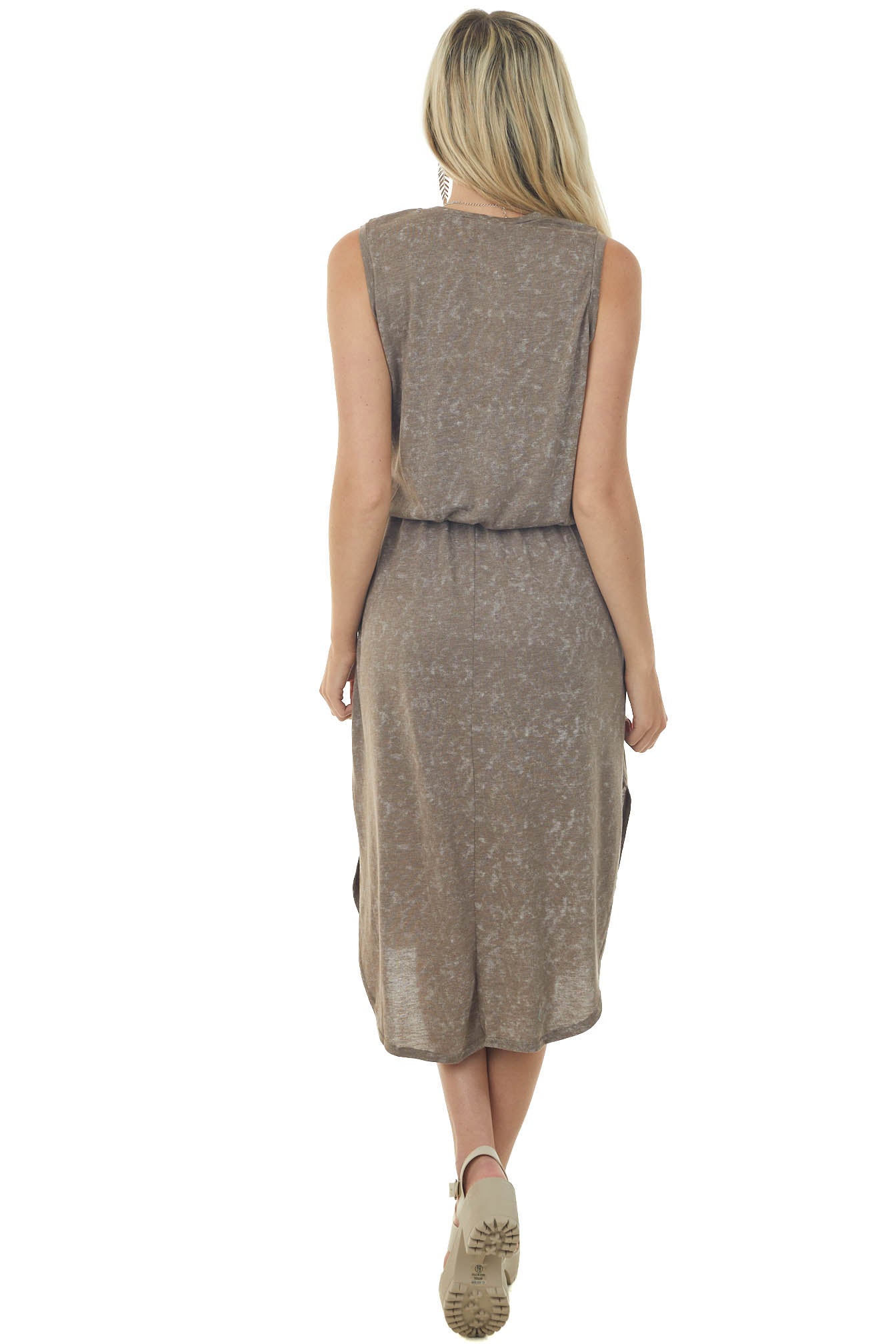 Washed Taupe Sleeveless Blouson Midi Dress