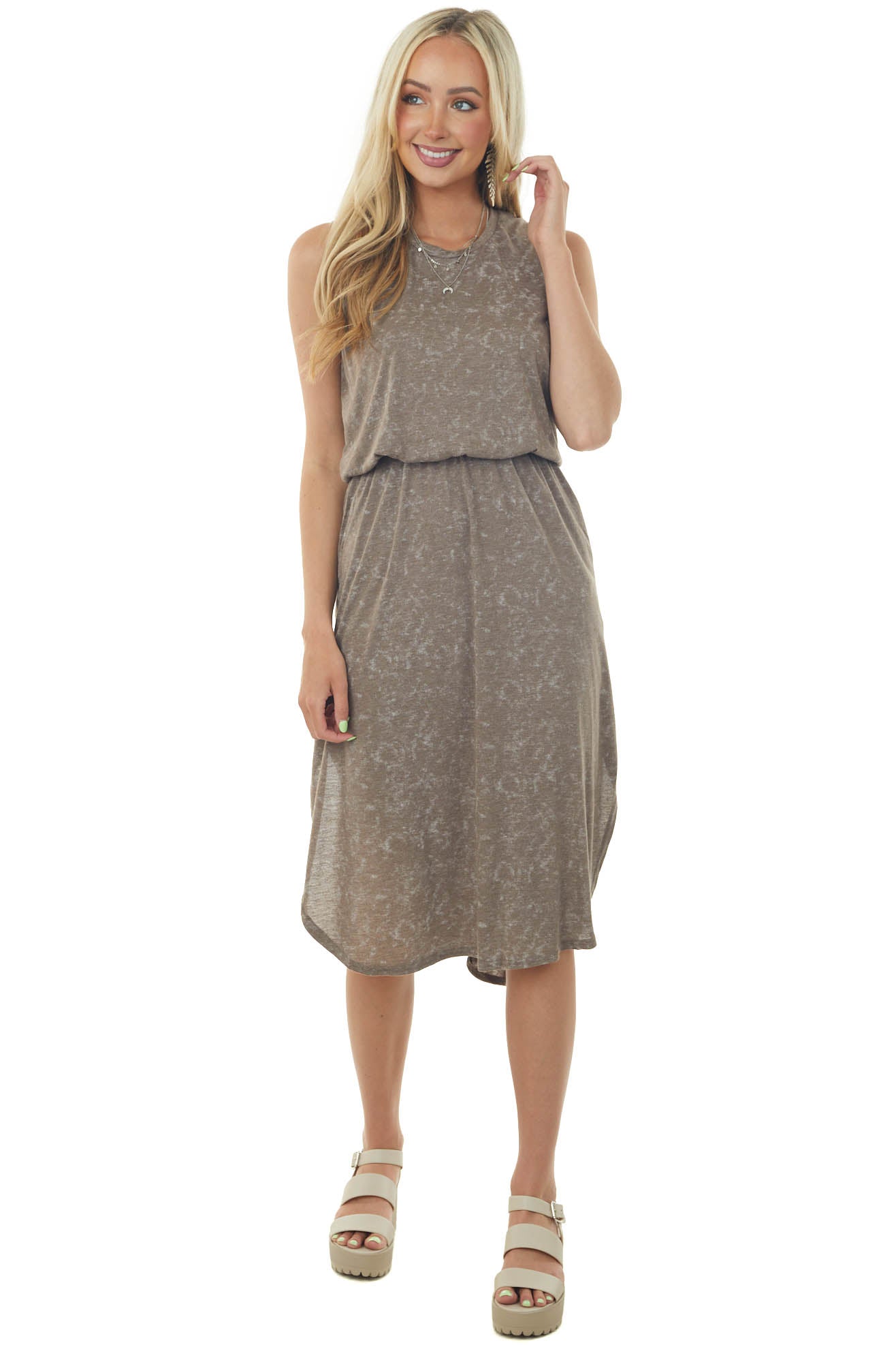 Washed Taupe Sleeveless Blouson Midi Dress