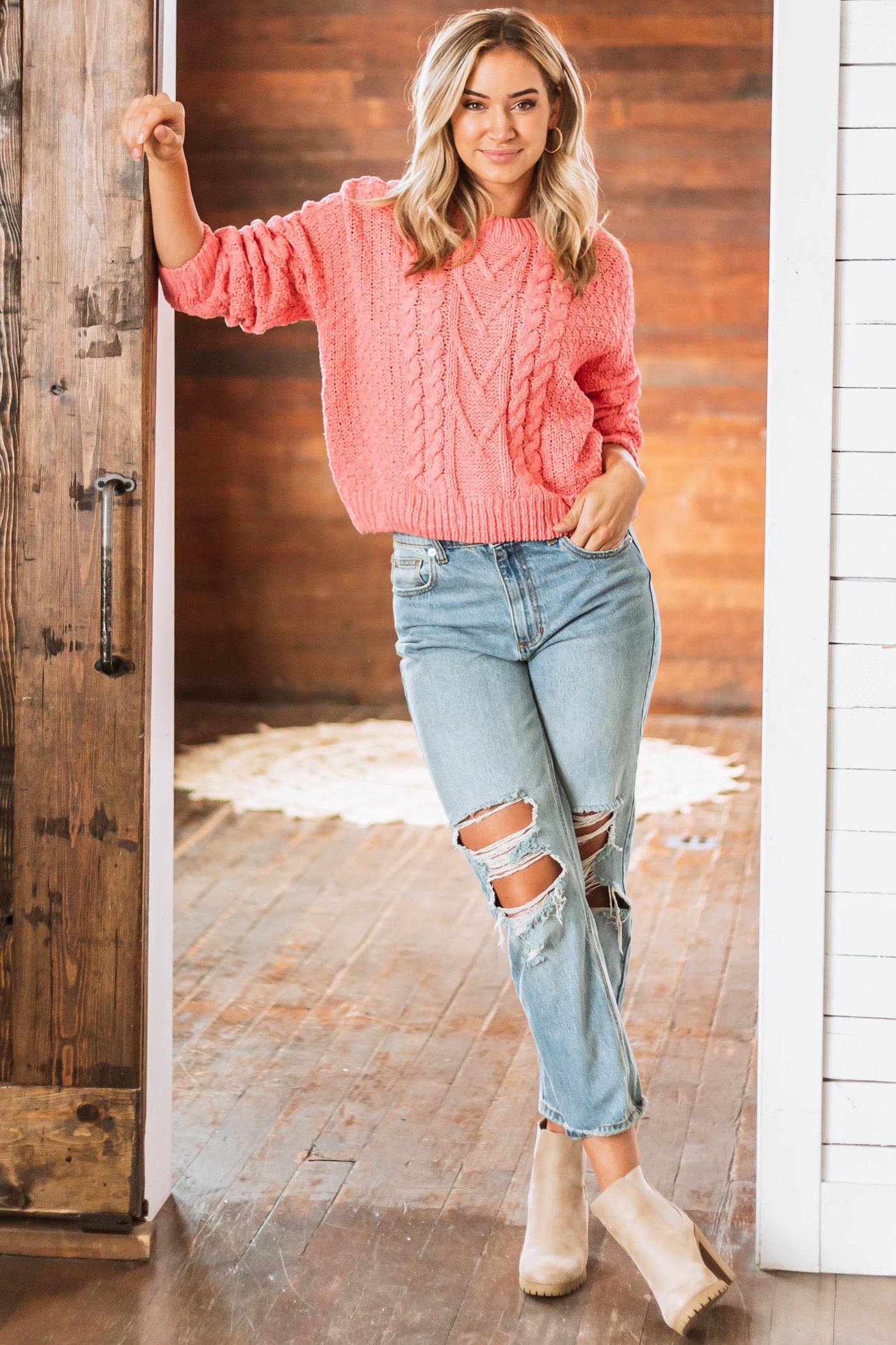 Watermelon Drop Shoulder Cable Knit Sweater