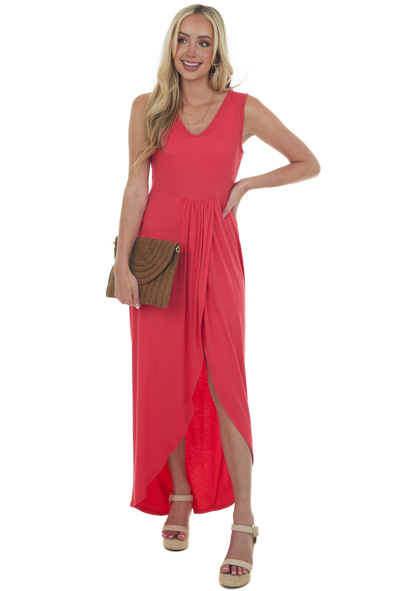 Watermelon Drop Waist Sleeveless Maxi Dress with Side Slit