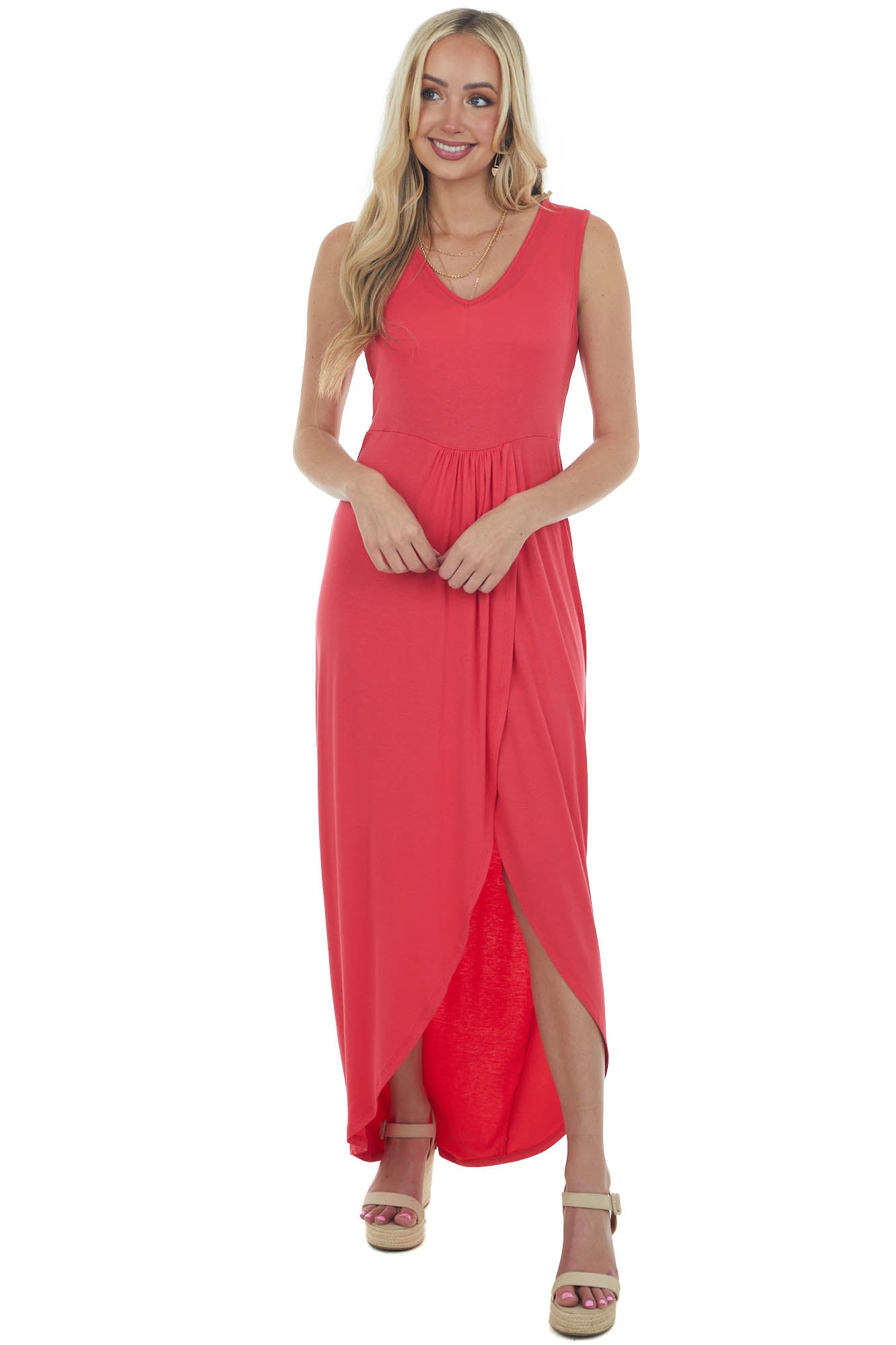 Watermelon Drop Waist Sleeveless Maxi Dress with Side Slit