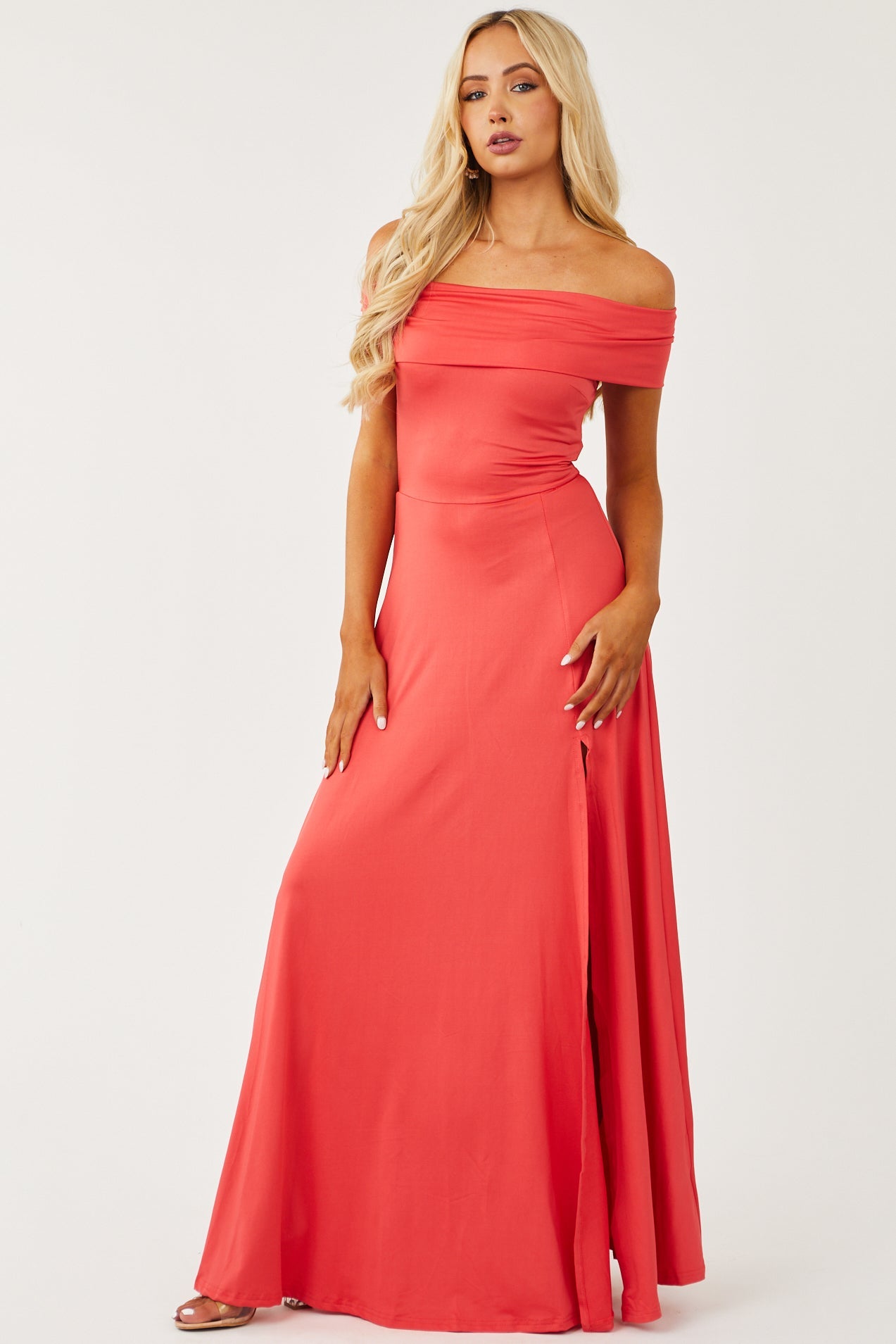 Watermelon Front Slit Off Shoulder Maxi Dress
