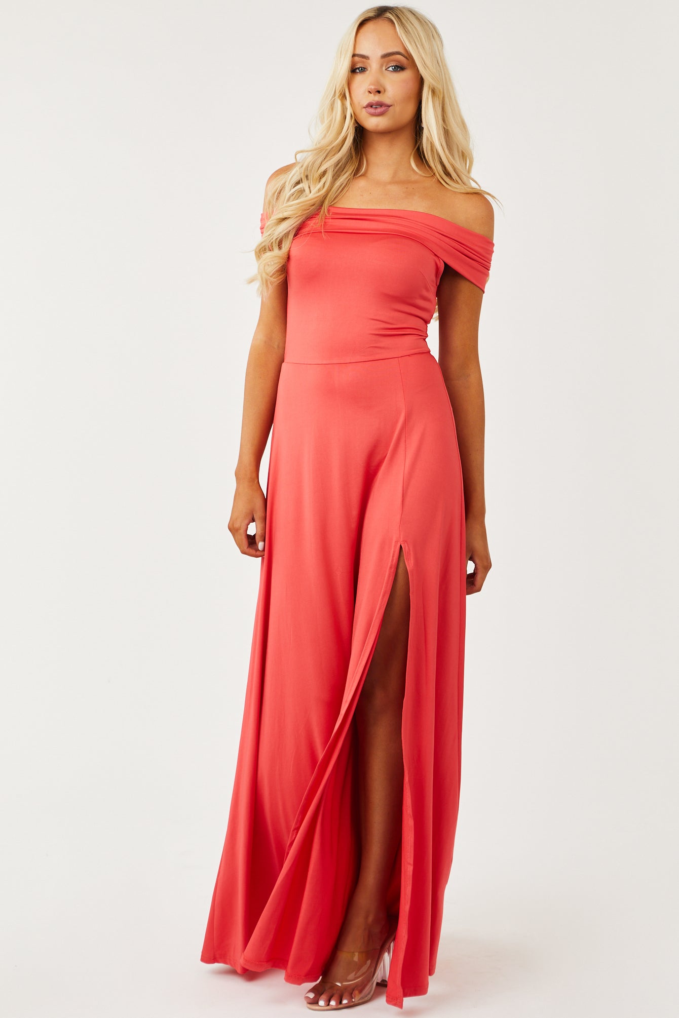Watermelon Front Slit Off Shoulder Maxi Dress