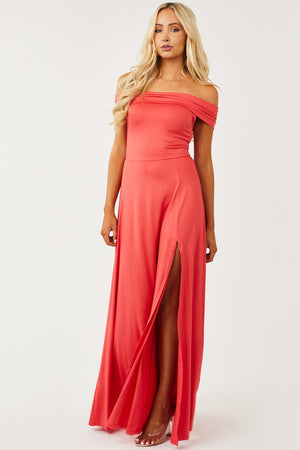 Watermelon Front Slit Off Shoulder Maxi Dress