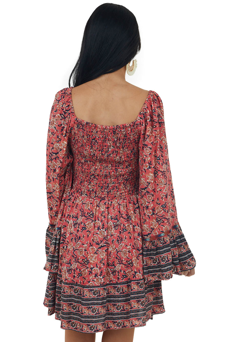 Watermelon Long Flare Sleeve Smocked Dress