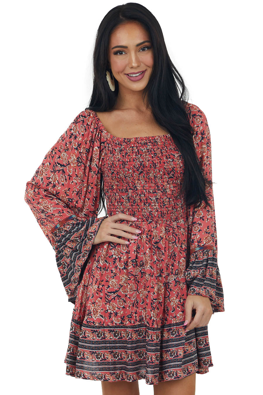 Watermelon Long Flare Sleeve Smocked Dress