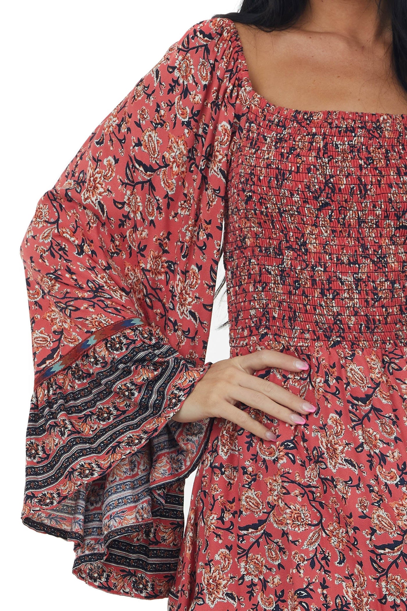 Watermelon Long Flare Sleeve Smocked Dress