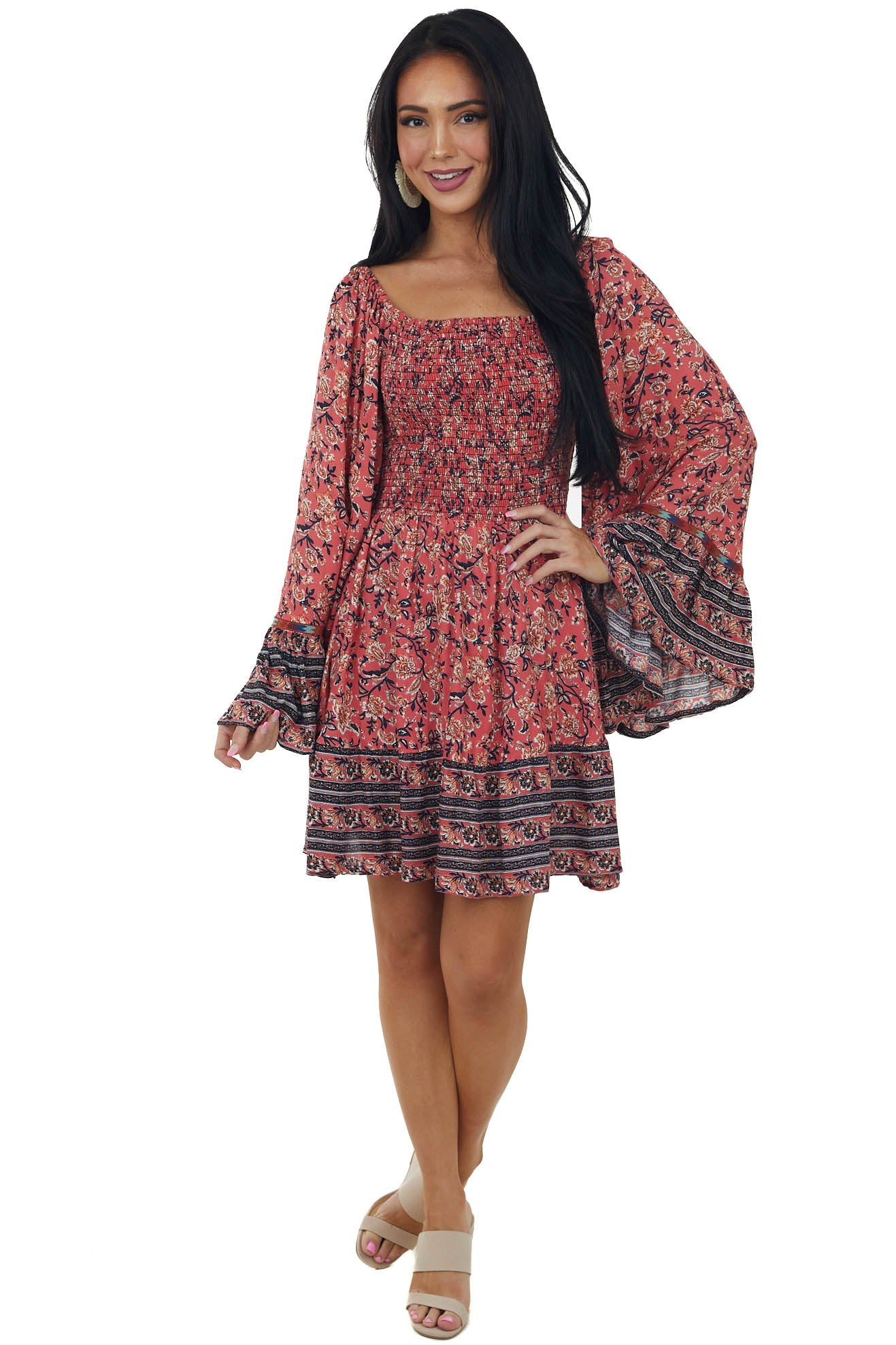 Watermelon Long Flare Sleeve Smocked Dress