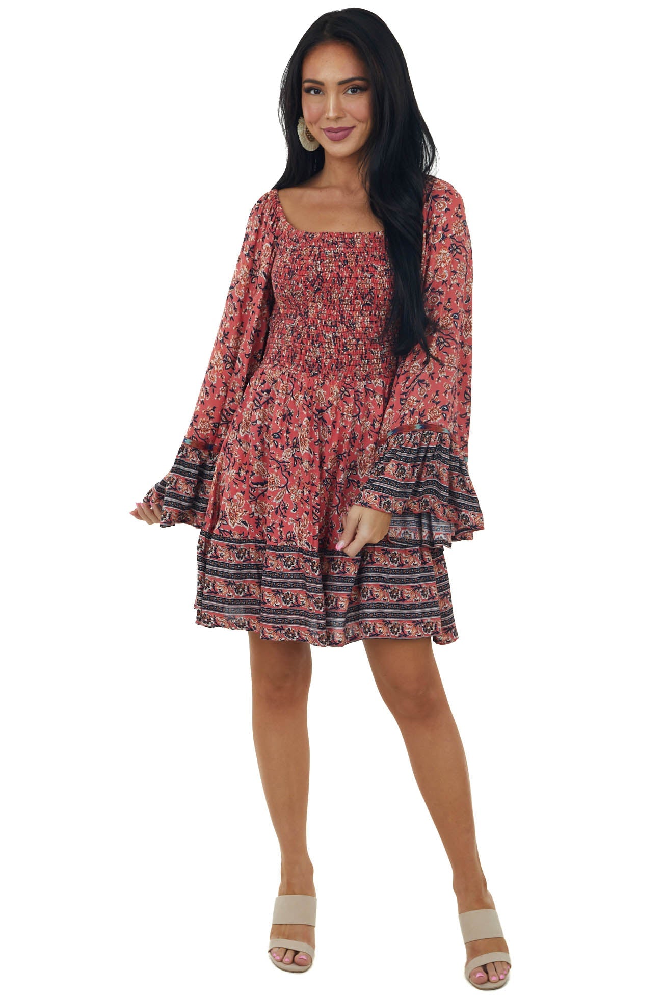 Watermelon Long Flare Sleeve Smocked Dress