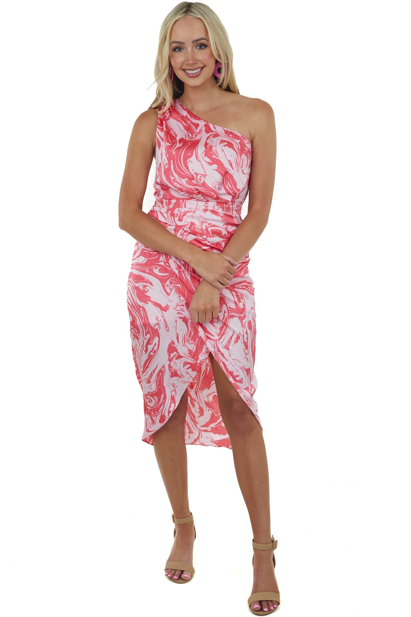 Watermelon Marble Print One Shoulder Midi Dress