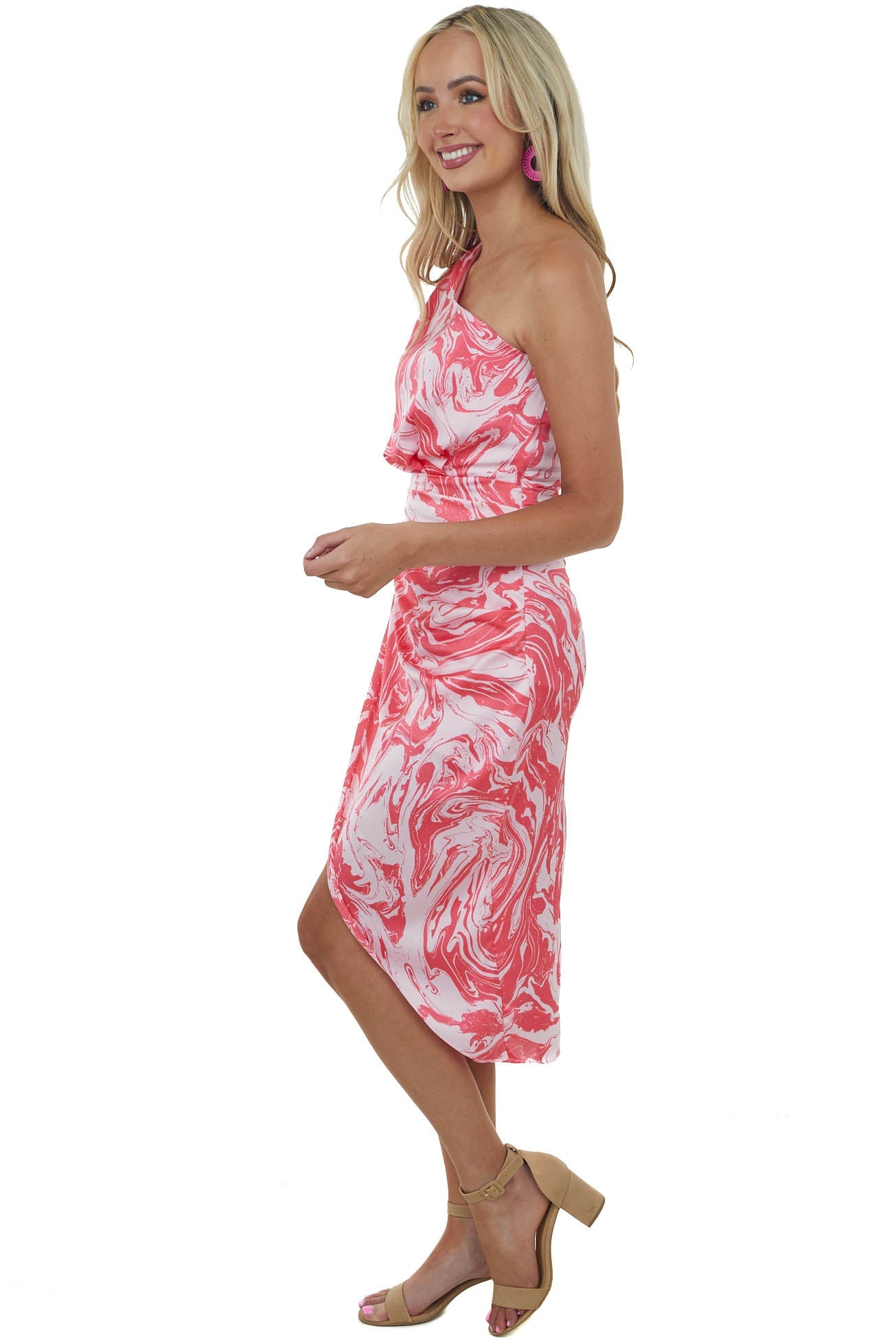 Watermelon Marble Print One Shoulder Midi Dress