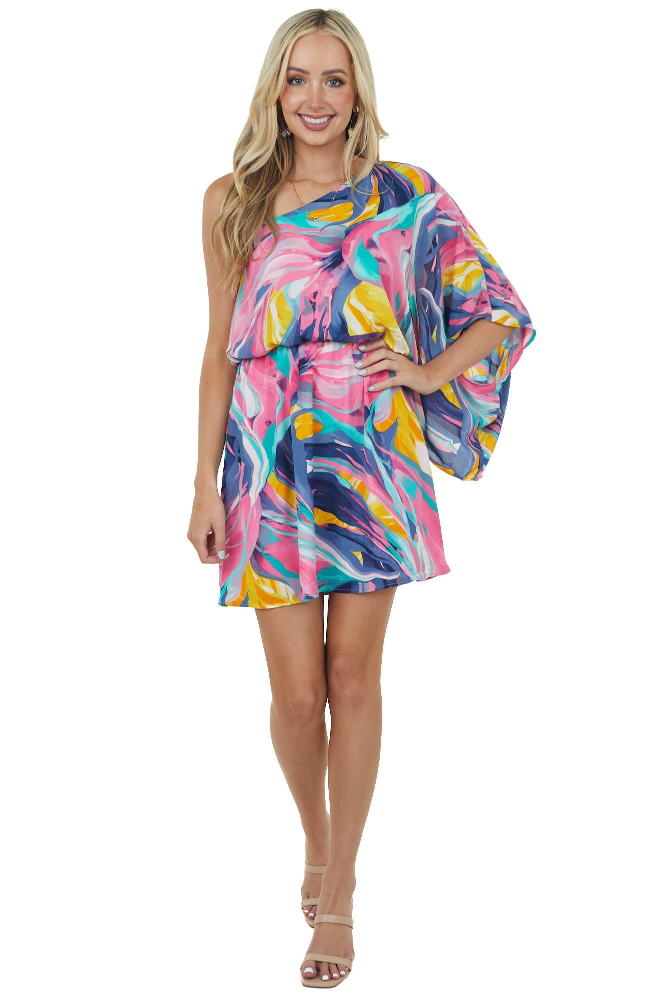 Watermelon Printed One Shoulder Short Dress