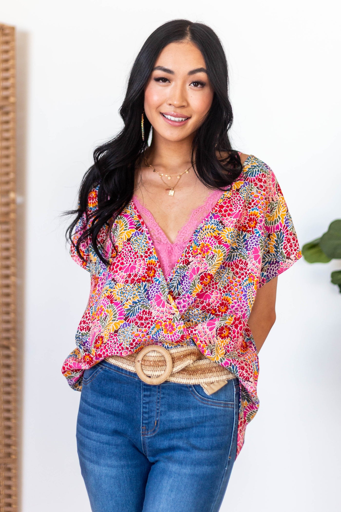 Watermelon Floral Print Surplice Blouse