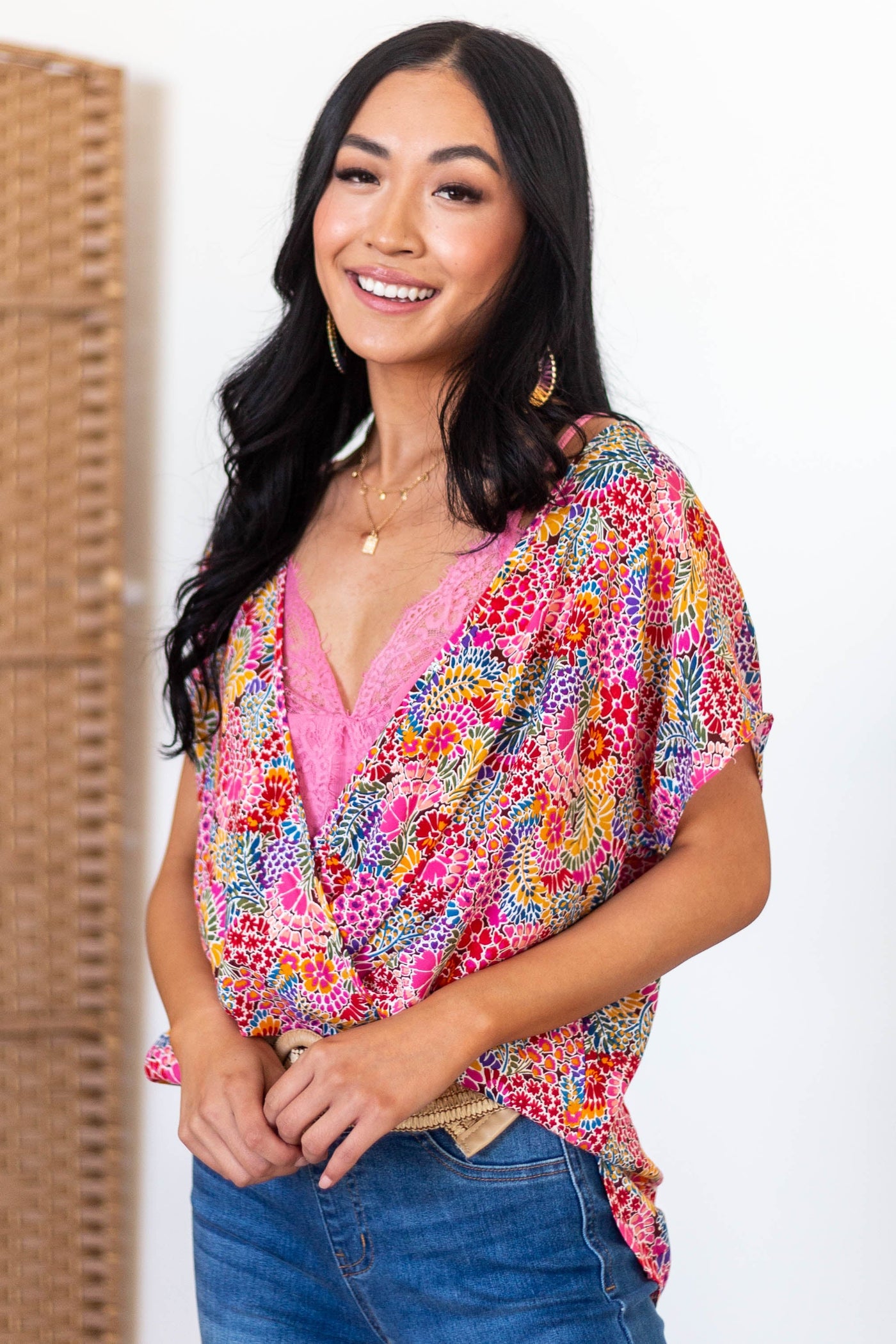 Watermelon Floral Print Surplice Blouse