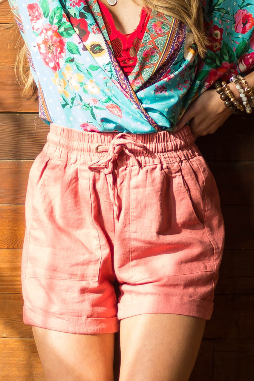 Watermelon Drawstring Cuffed Linen Shorts