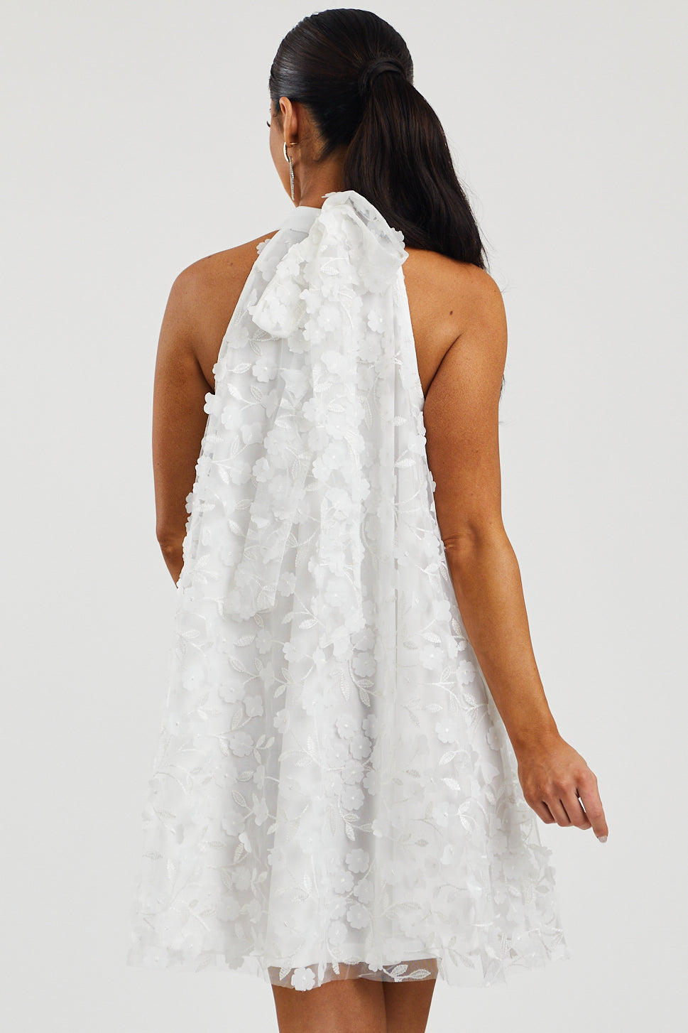 White 3D Floral Halter Neck Short Dress