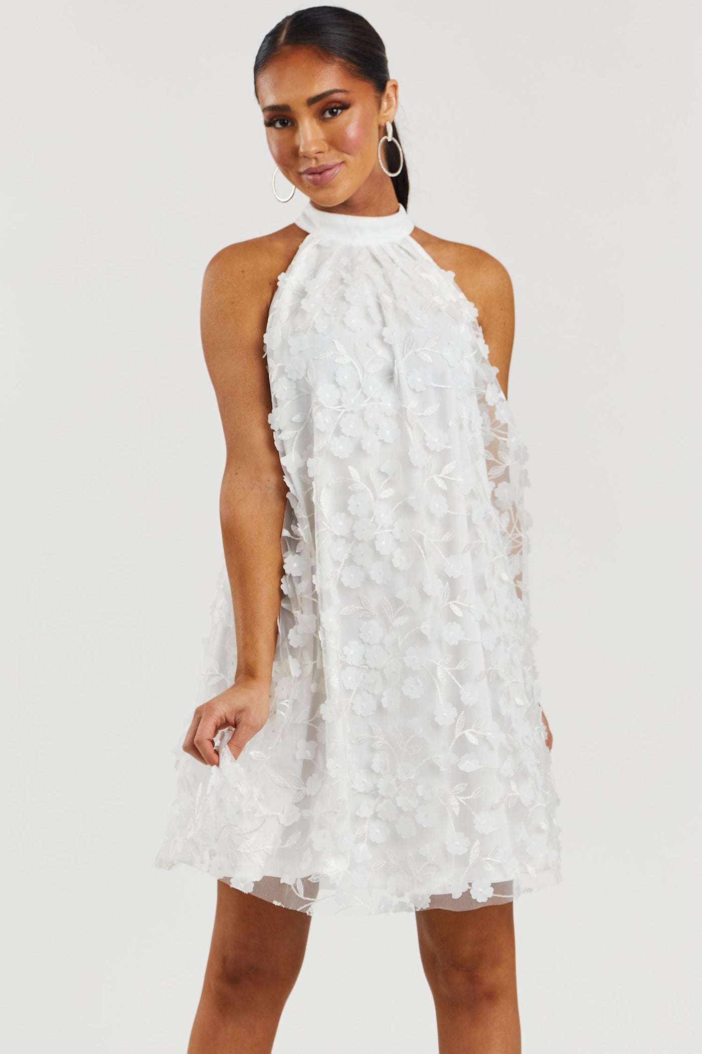 White 3D Floral Halter Neck Short Dress