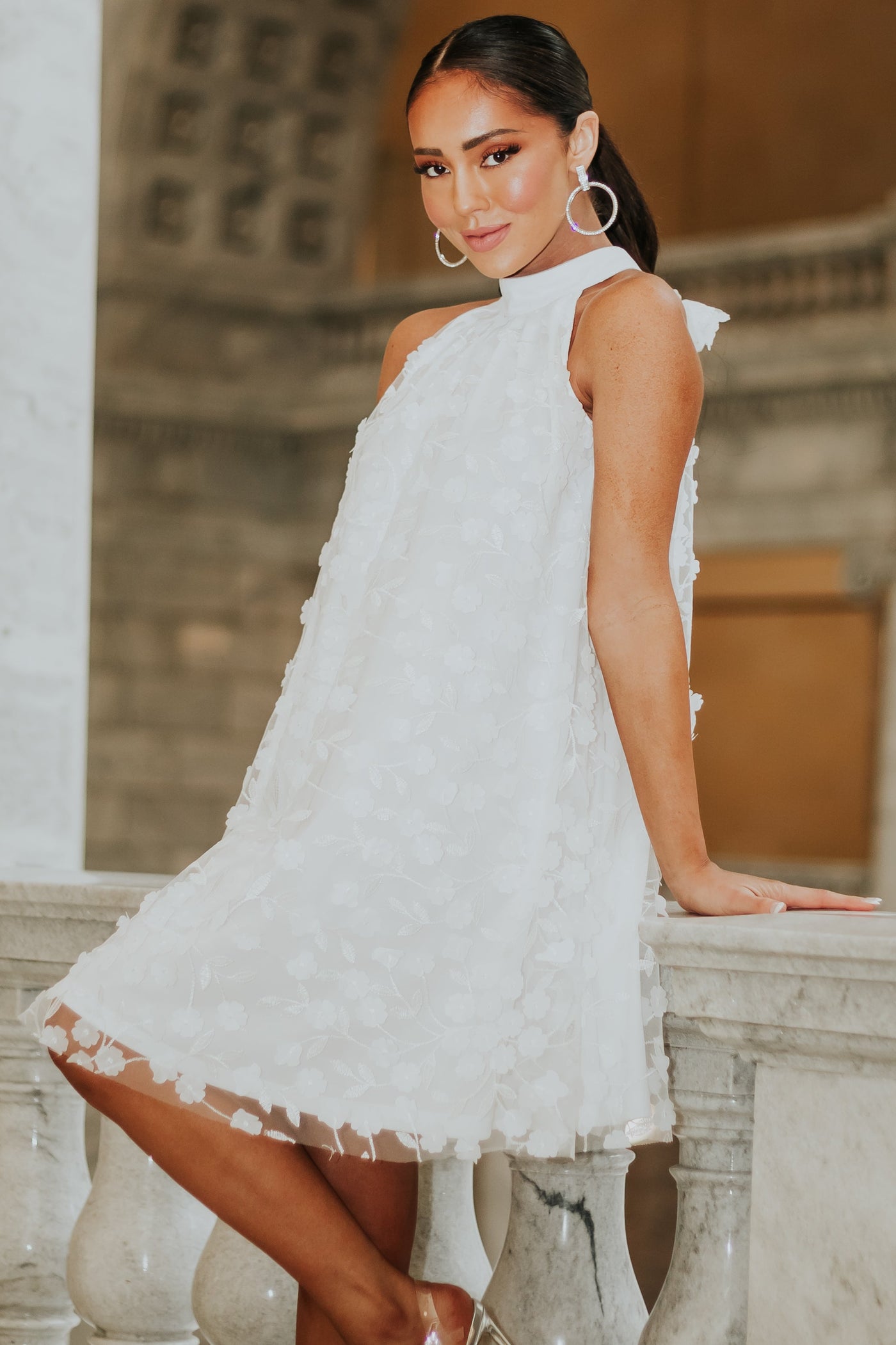 White 3D Floral Halter Neck Short Dress