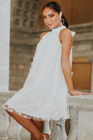 White 3D Floral Halter Neck Short Dress