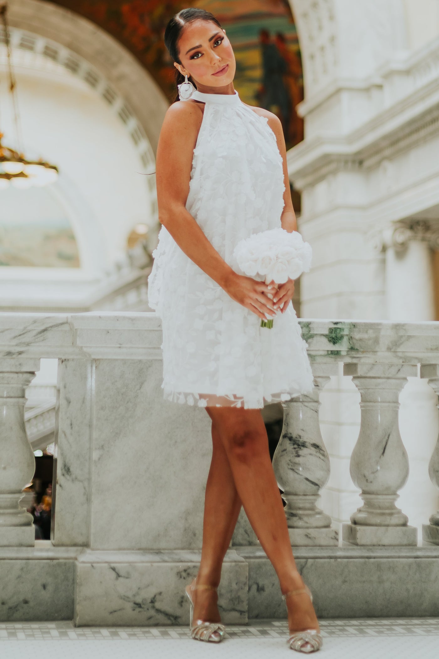 White 3D Floral Halter Neck Short Dress