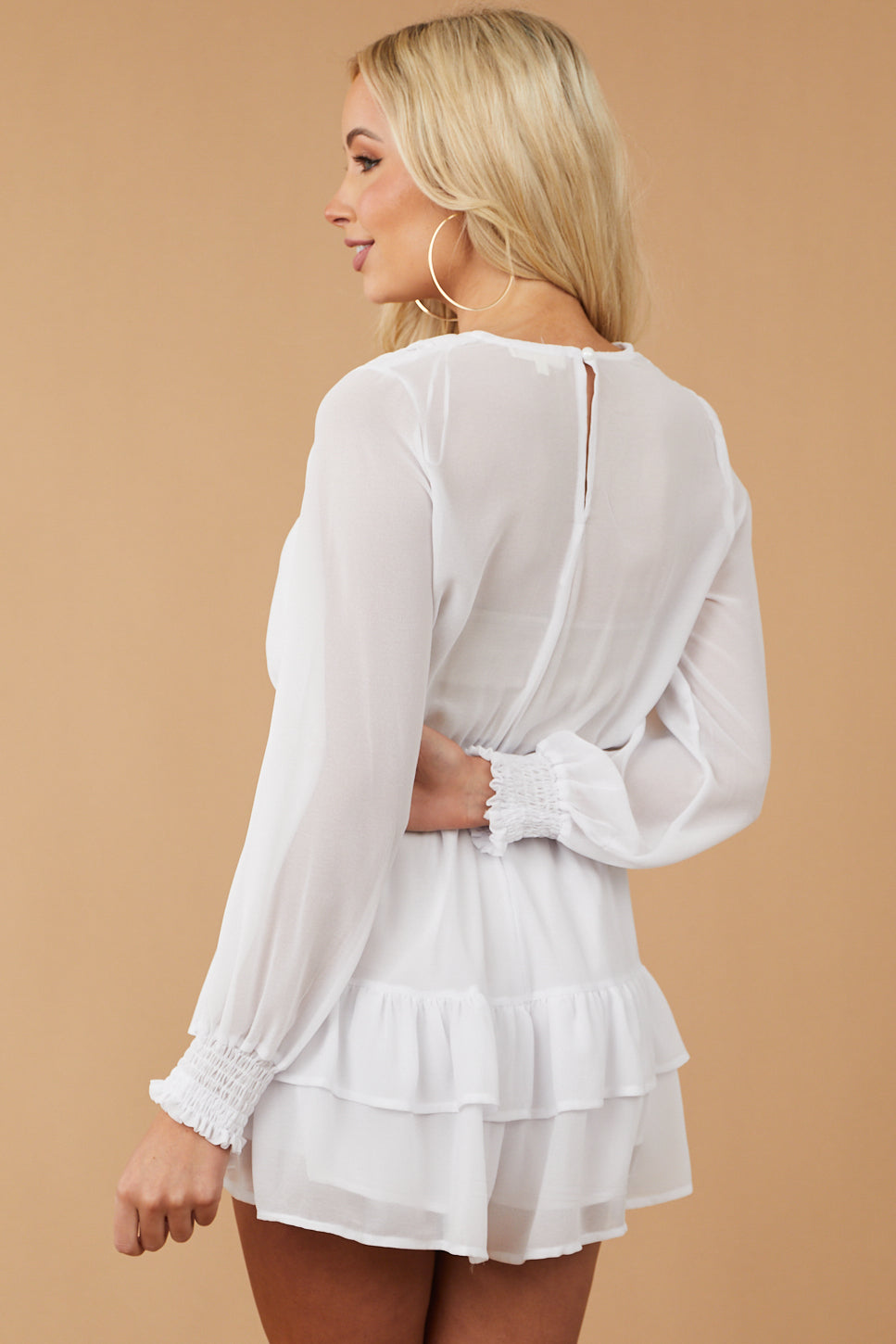 White Bubble Sleeve Layered Ruffle Romper