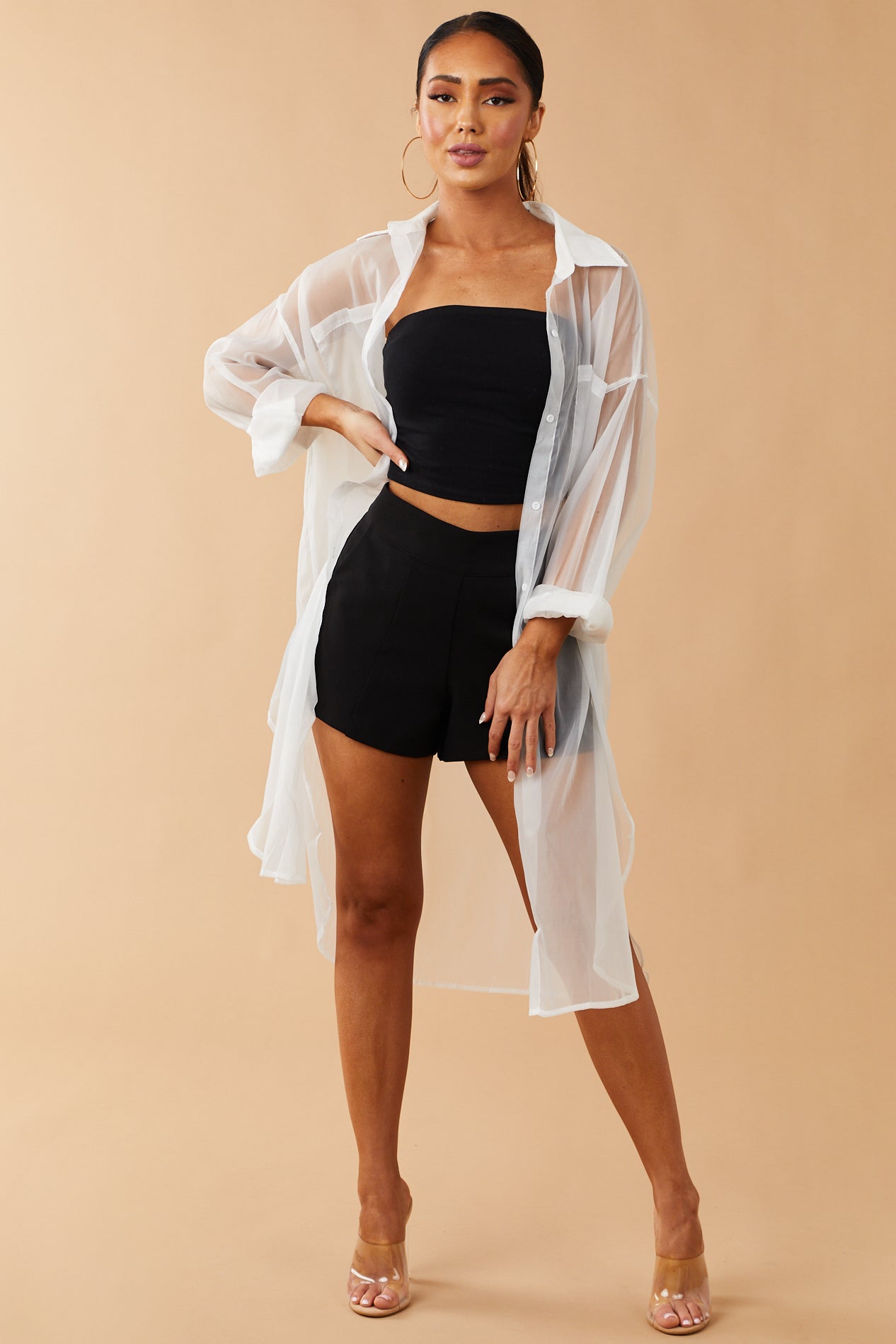 White Button Down Sheer Cover Up Shirt Dress