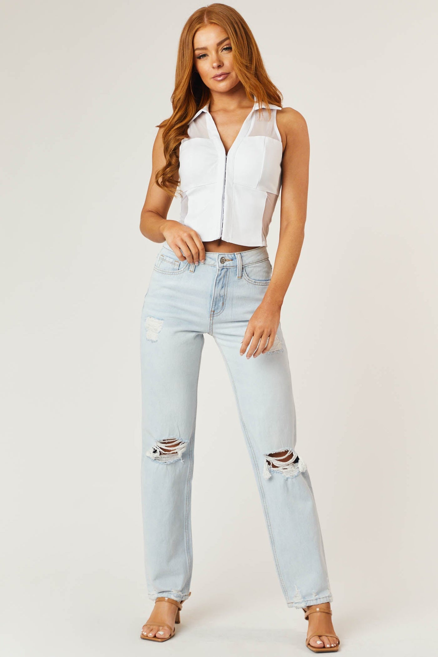 White Collared Corset Front Mesh Tank Top