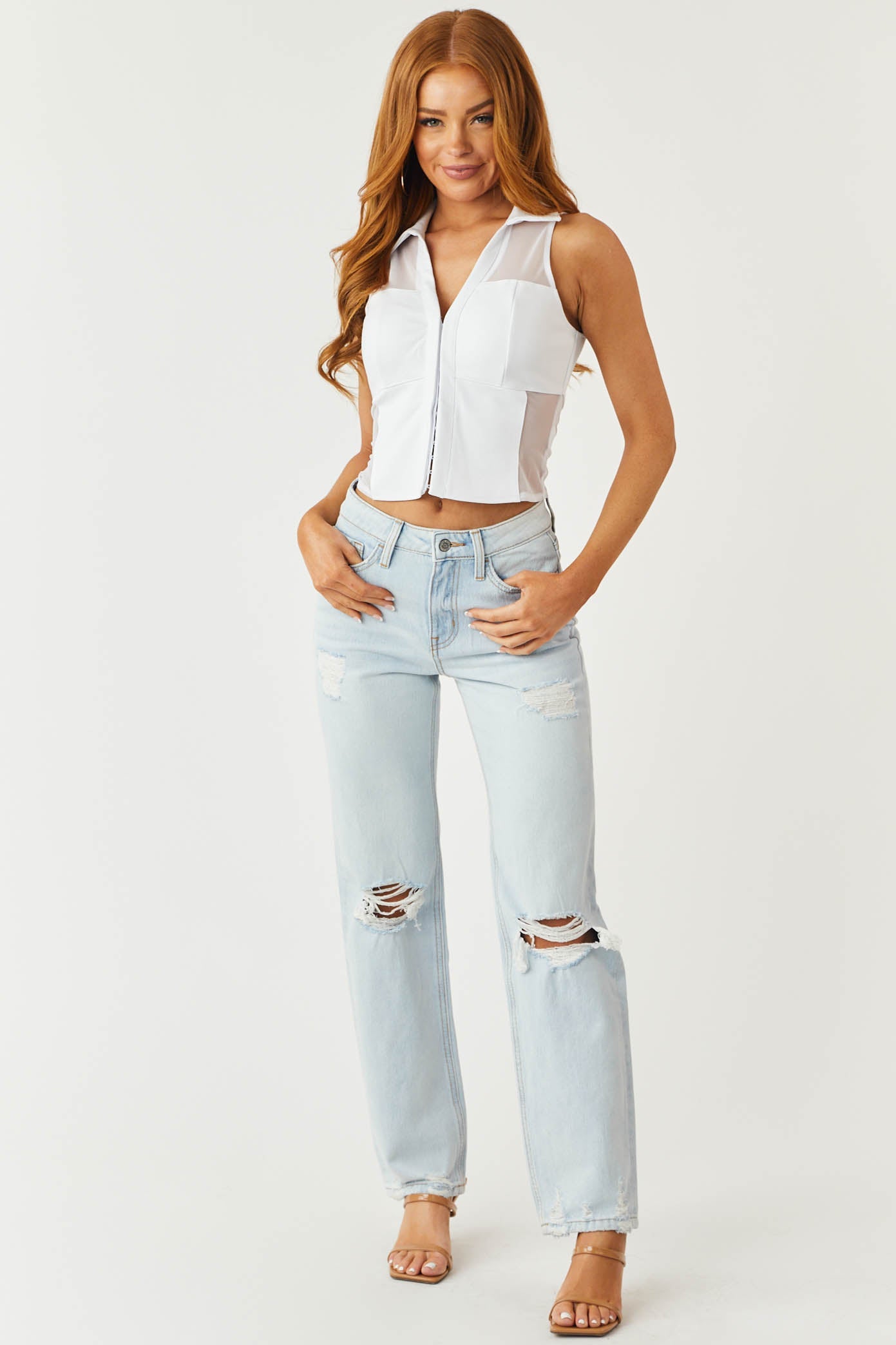 White Collared Corset Front Mesh Tank Top