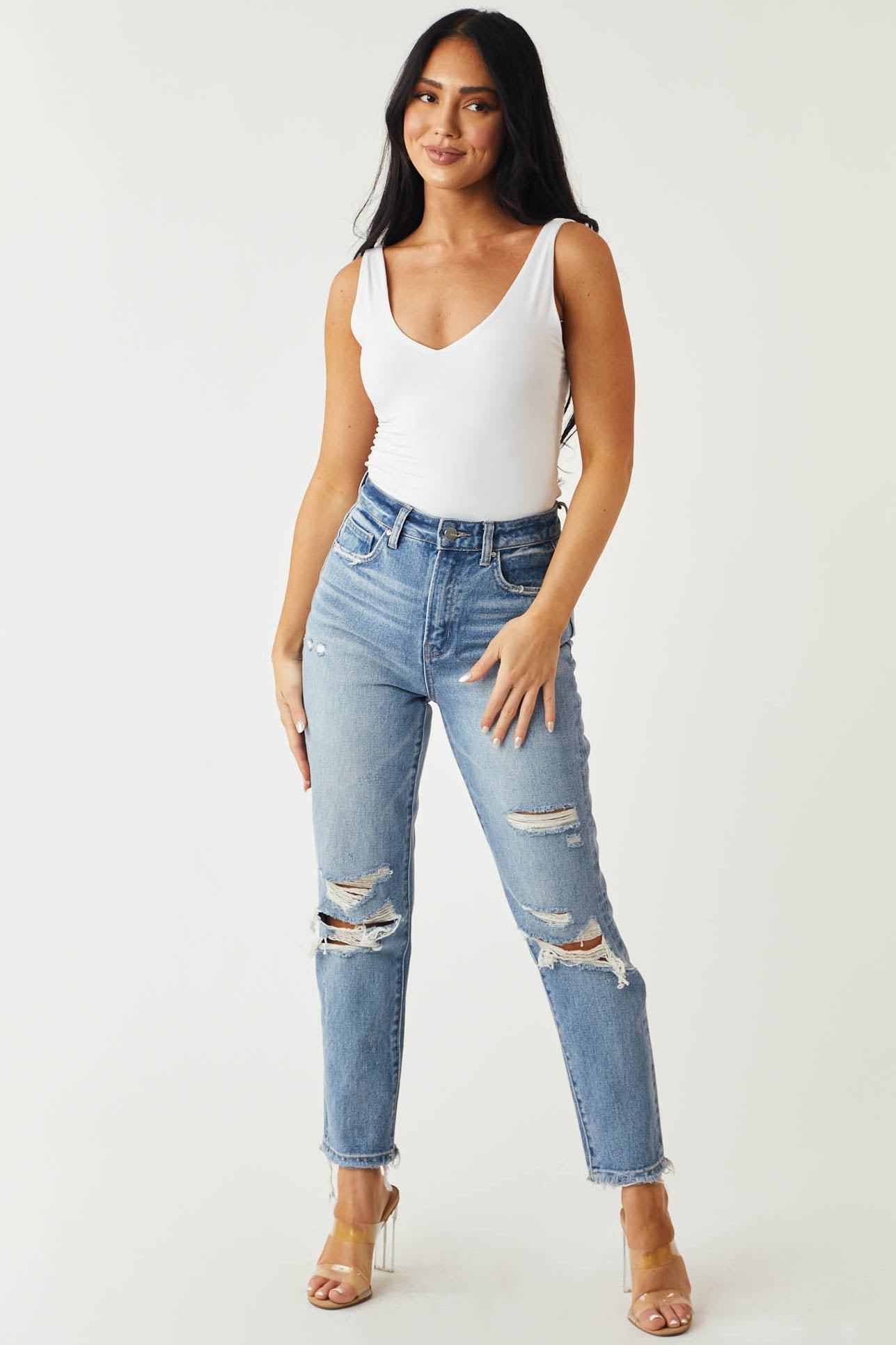 White Double Lined V Neck Knit Tank Top