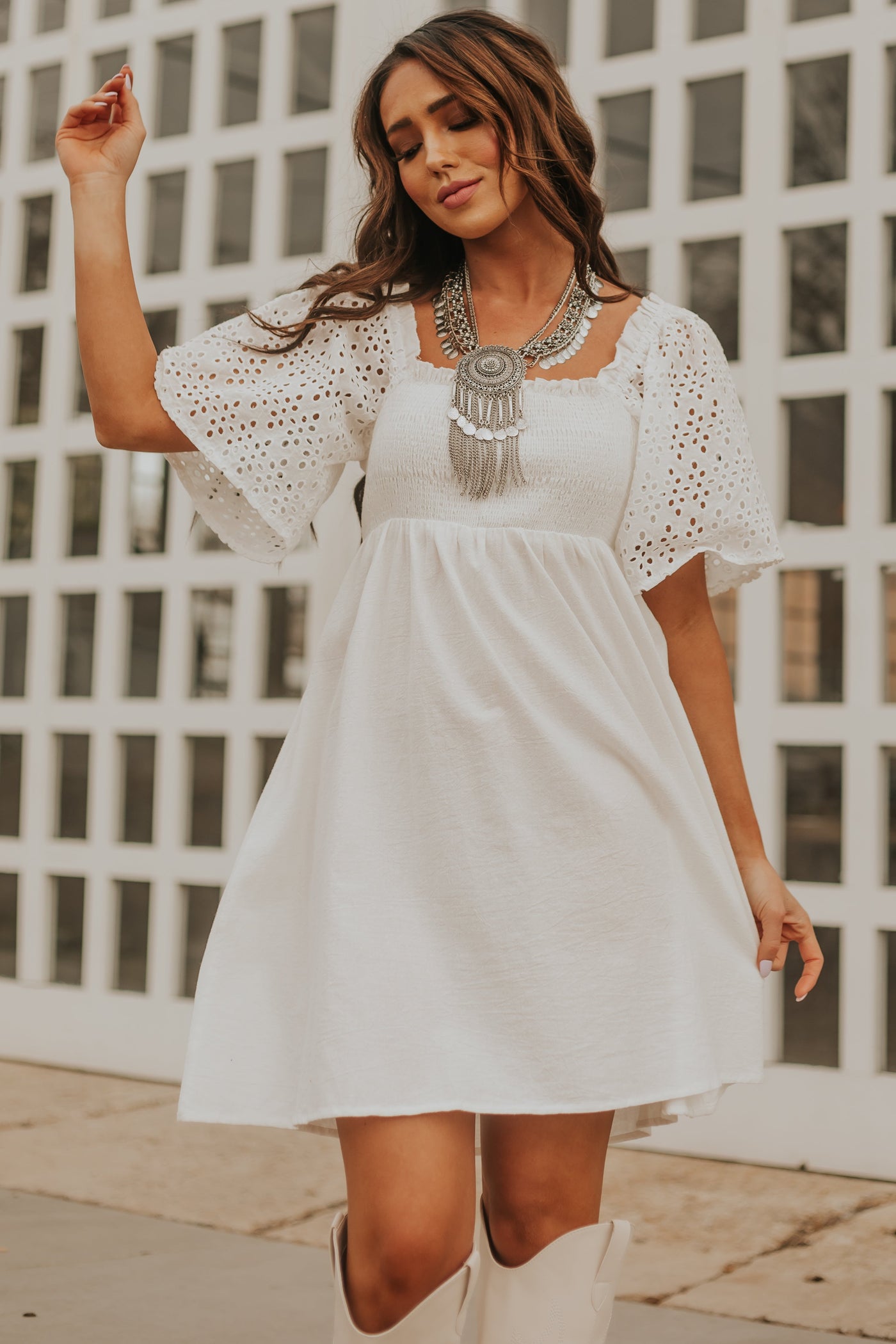 White Eyelet Lace Sleeve Smocked Babydoll Dress