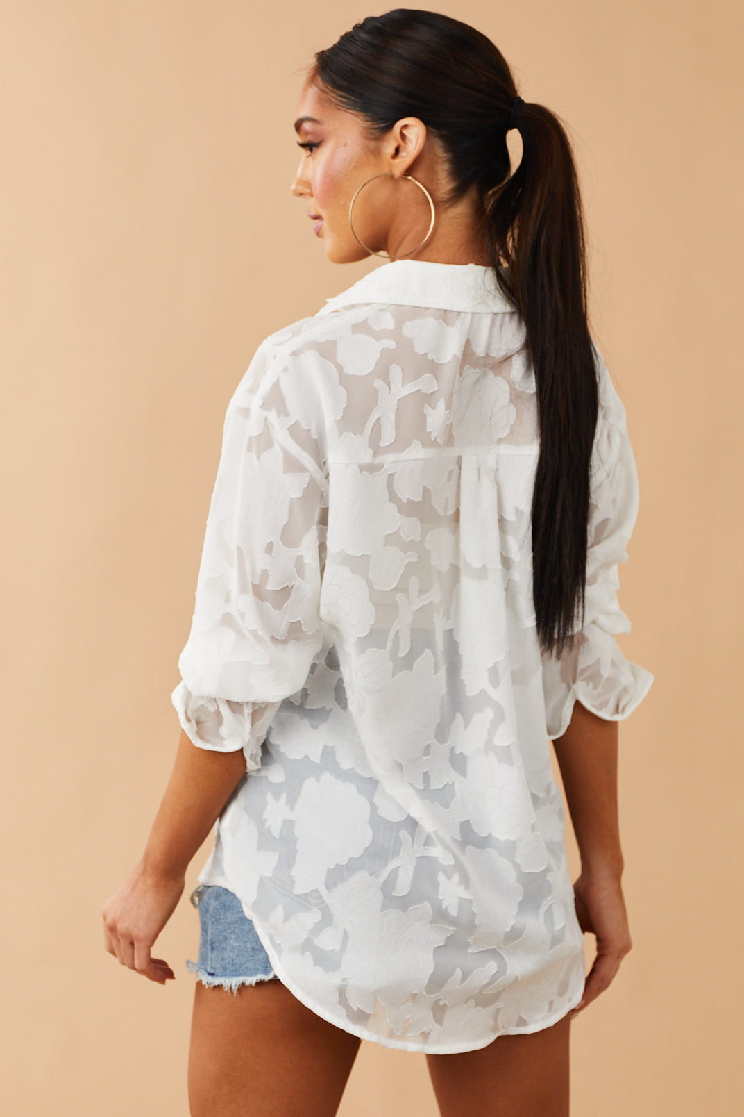 White Floral Jacquard Button Up Blouse