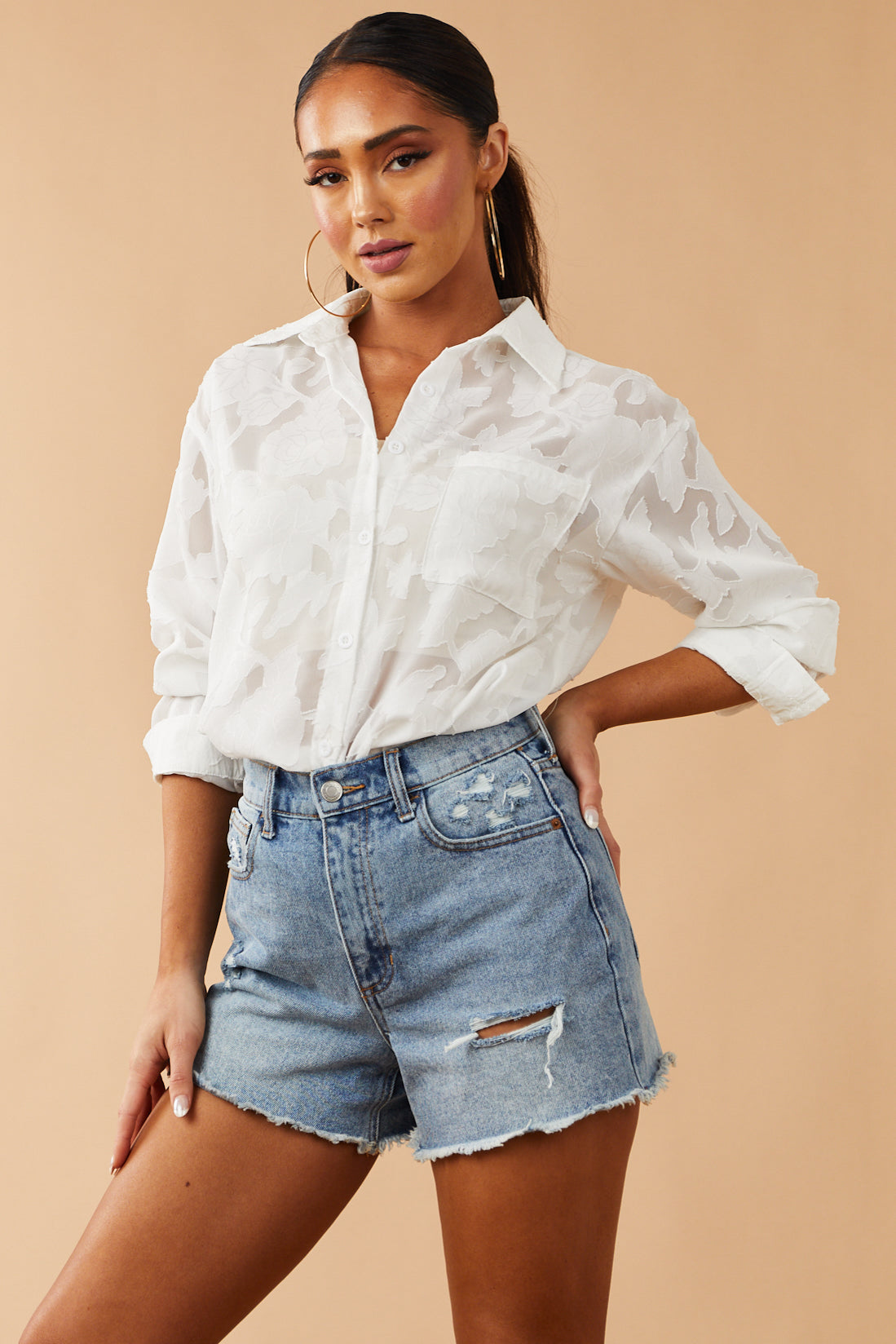 White Floral Jacquard Button Up Blouse