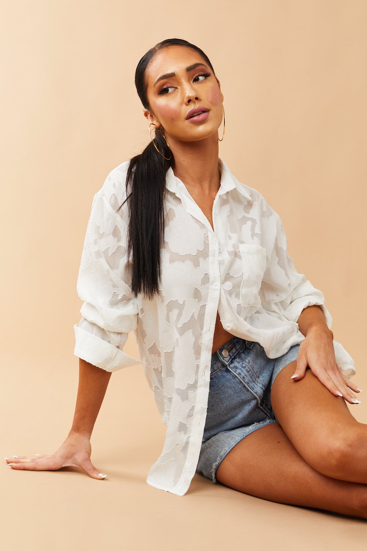 White Floral Jacquard Button Up Blouse