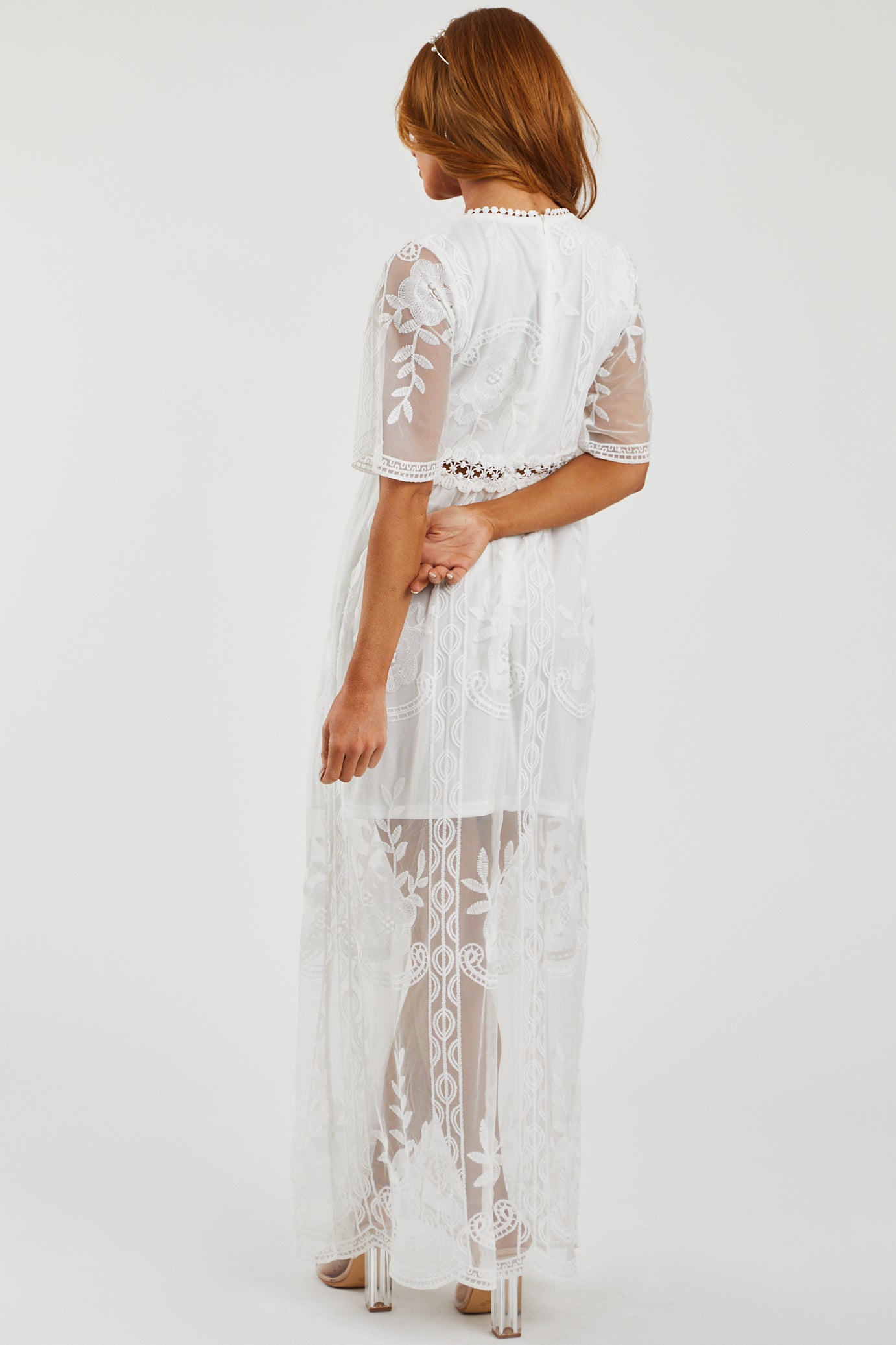 White Floral Lace Mesh Overlay V Neck Maxi Dress