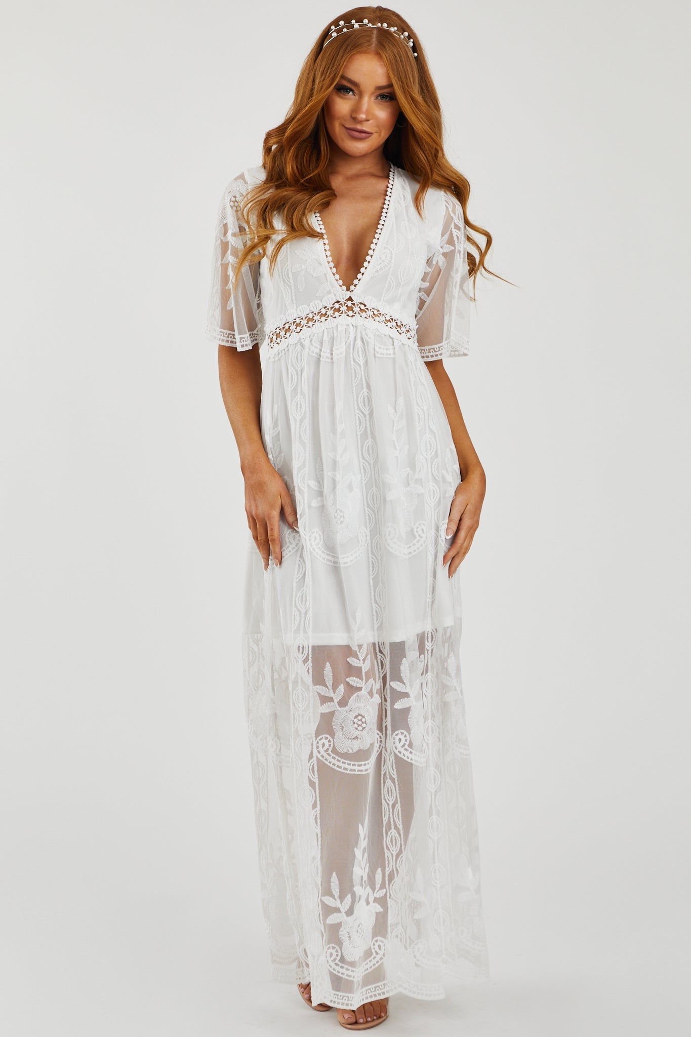 White Floral Lace Mesh Overlay V Neck Maxi Dress