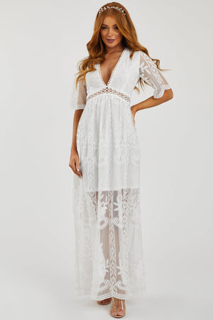 White Floral Lace Mesh Overlay V Neck Maxi Dress