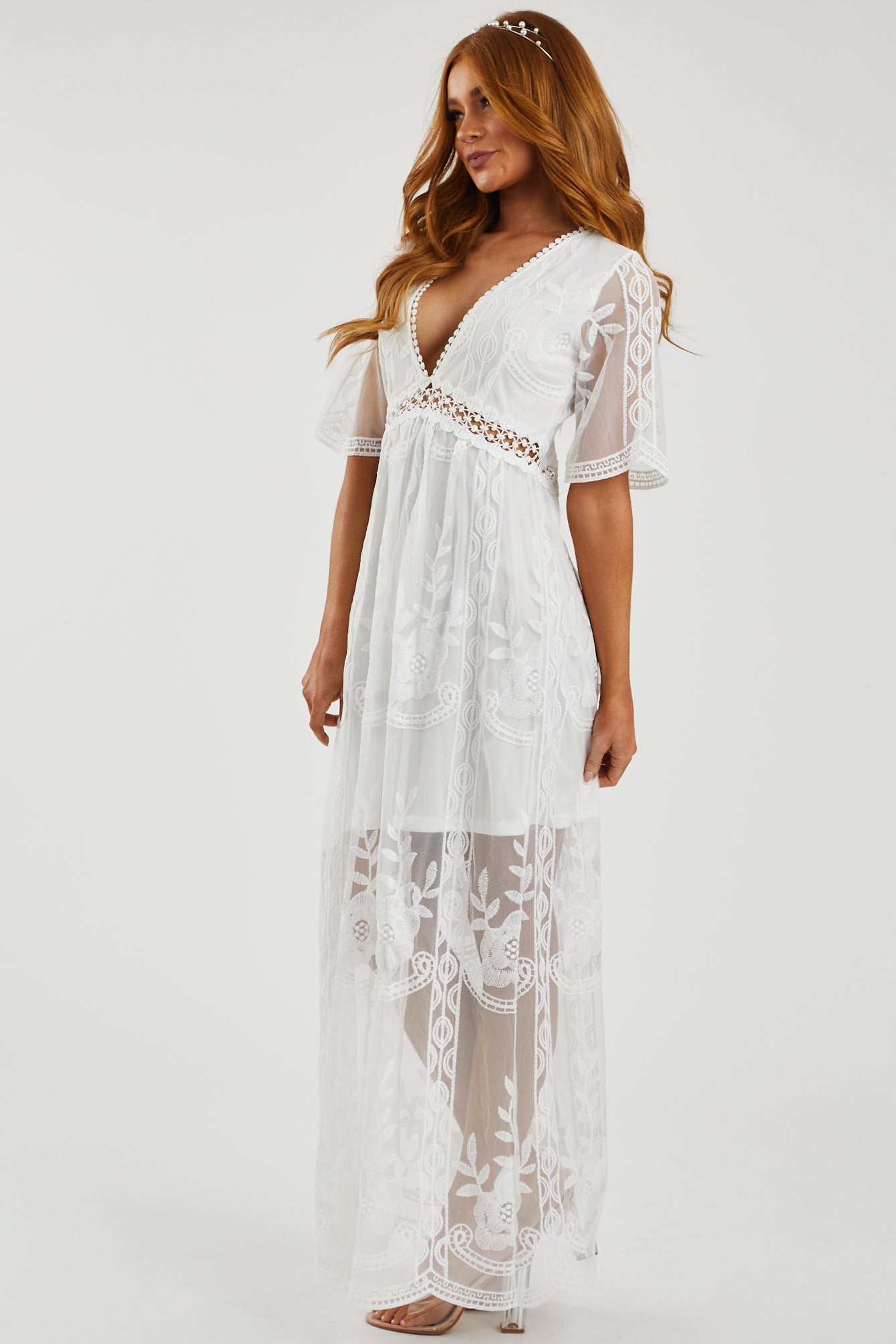 White Floral Lace Mesh Overlay V Neck Maxi Dress