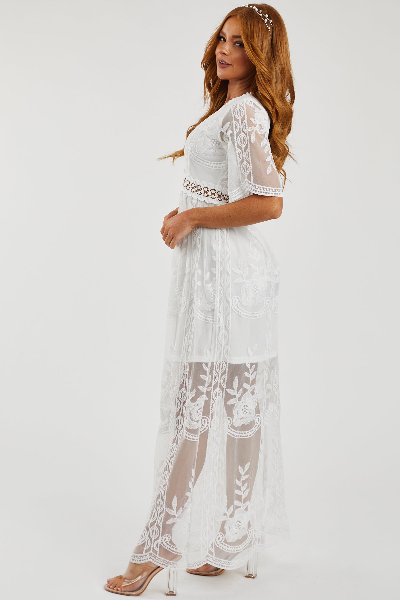 White Floral Lace Mesh Overlay V Neck Maxi Dress