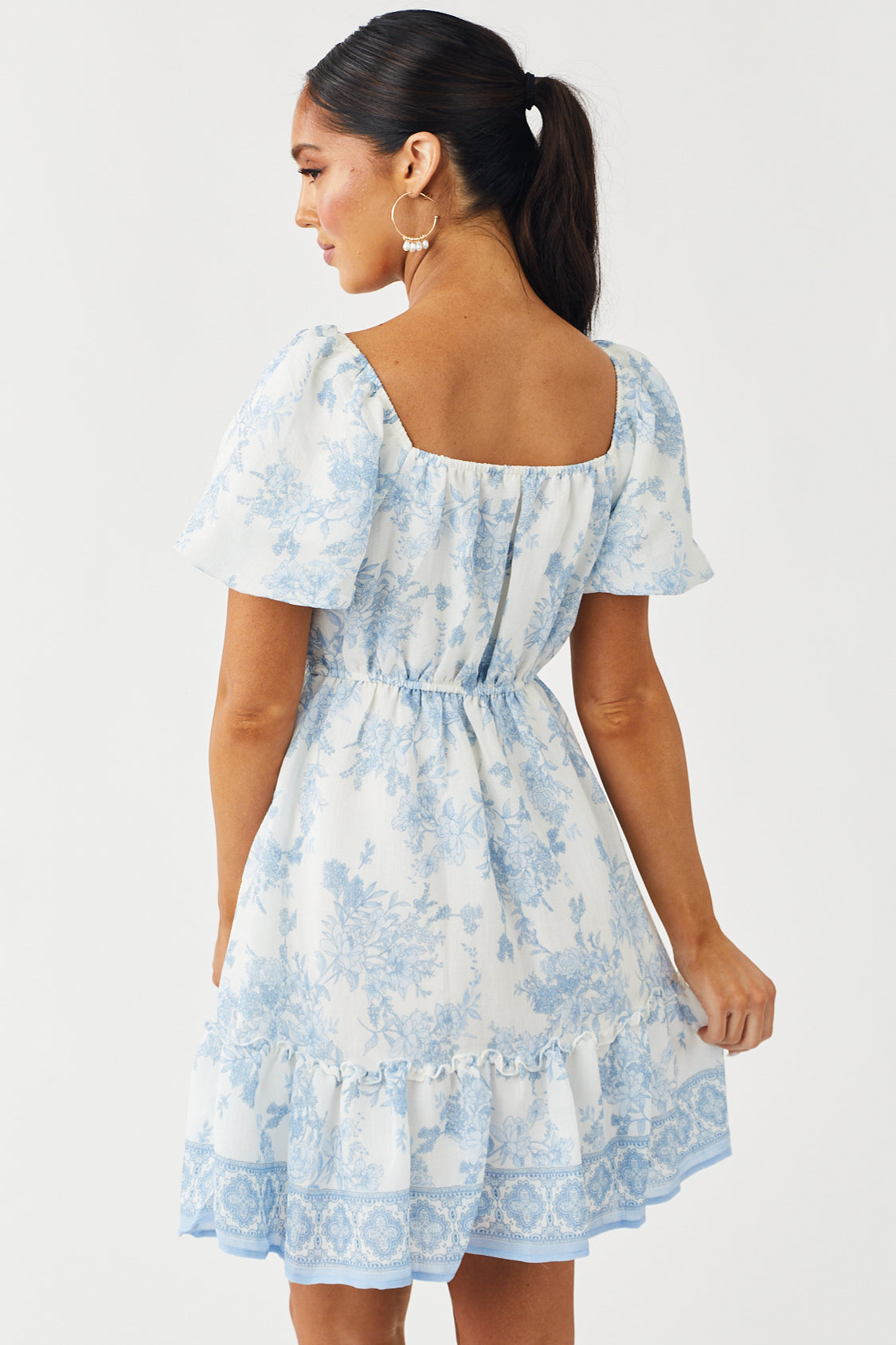 White Floral Print Puff Sleeve Mini Dress