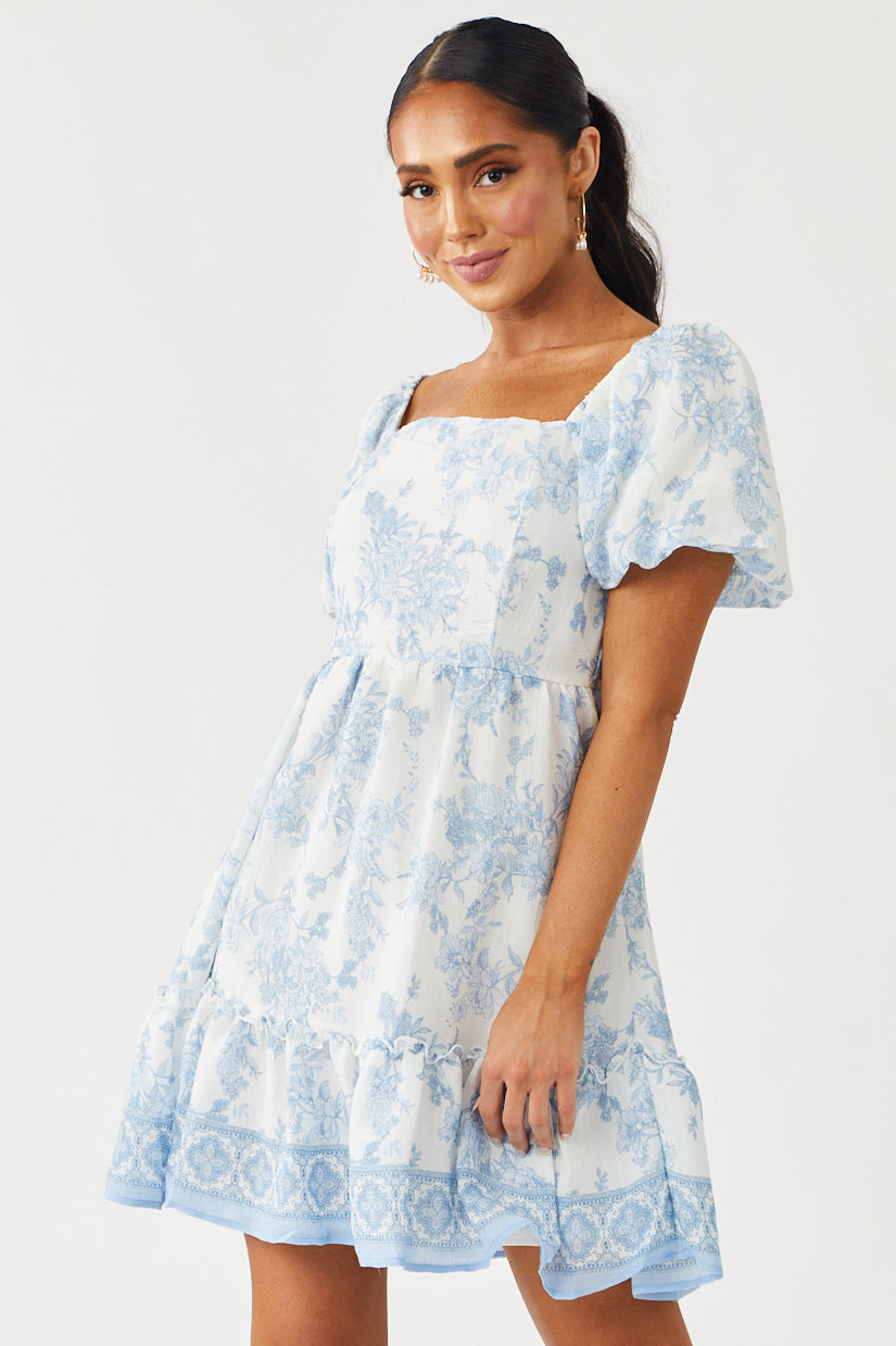 White Floral Print Puff Sleeve Mini Dress