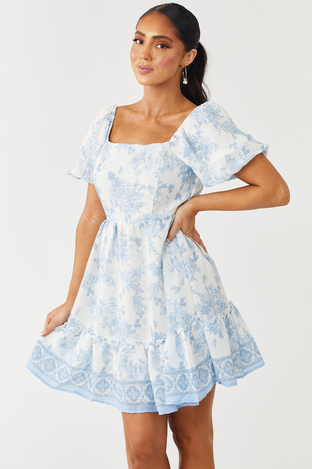 White Floral Print Puff Sleeve Mini Dress